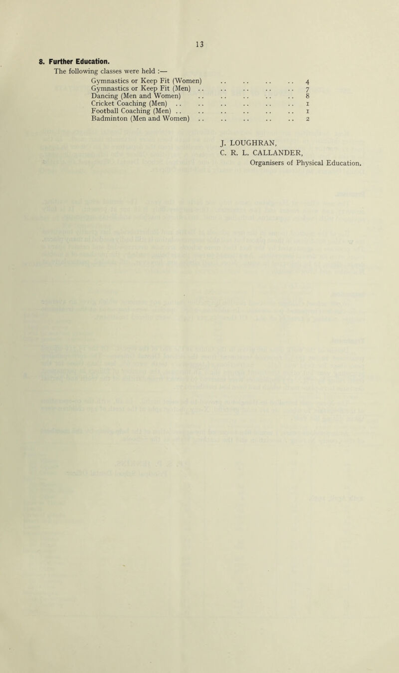 8. Further Education. The following classes were held :— Gymnastics or Keep Fit (Women) .. .. .. .. 4 Gymnastics or Keep Fit (Men) .. .. .. .. .. 7 Dancing (Men and Women) .. .. .. .. .. 8 Cricket Coaching (Men) . . .. .. .. .. .. 1 Football Coaching (Men) .. .. .. .. .. .. 1 Badminton (Men and Women) .. .. .. .. .. 2 J. LOUGHRAN, C. R. L. CALLANDER, Organisers of Physical Education.