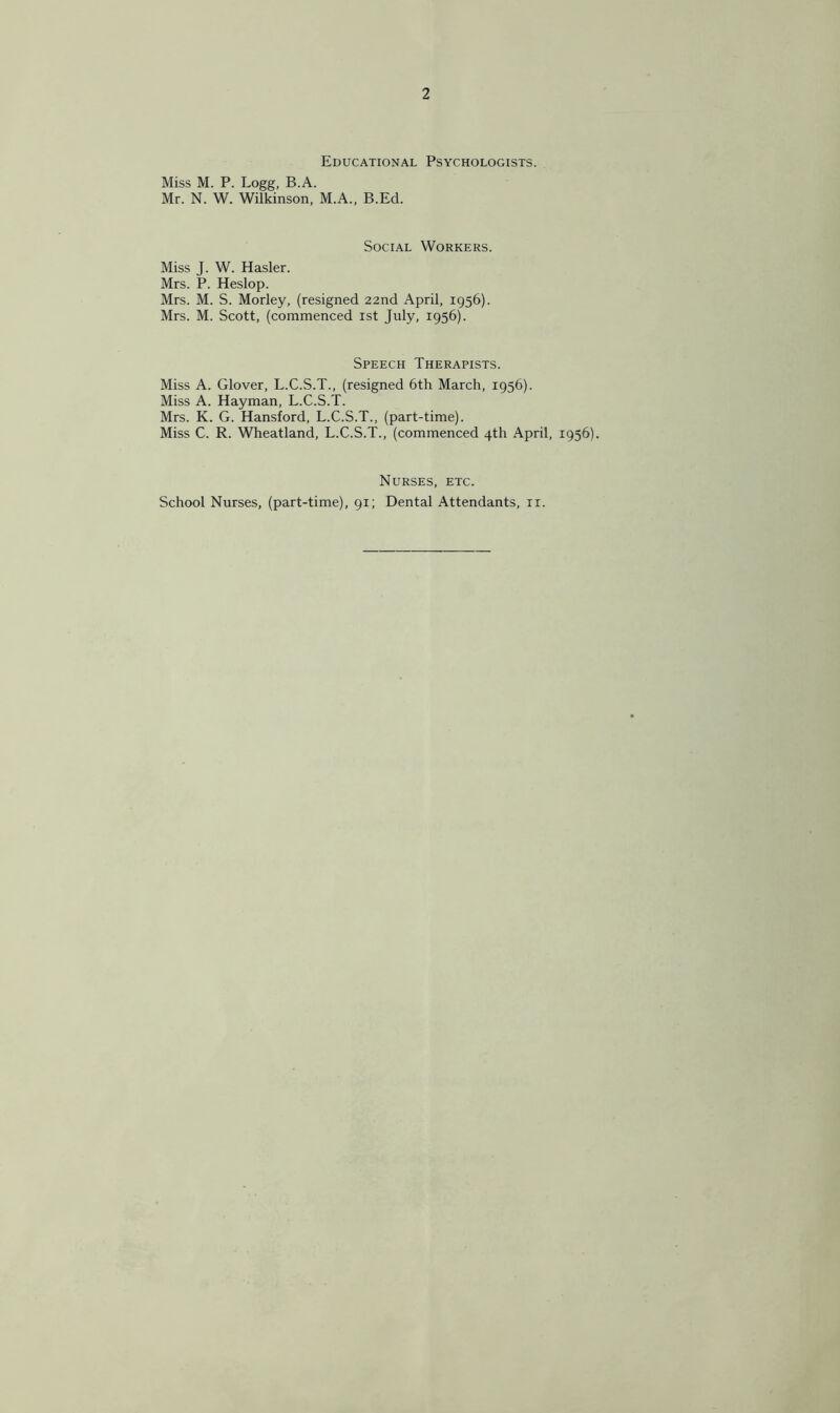 Educational Psychologists. Miss M. P. Logg, B.A. Mr. N. W. Wilkinson, M.A., B.Ed. Social Workers. Miss J. W. Hasler. Mrs. P. Heslop. Mrs. M. S. Morley, (resigned 22nd April, 1956). Mrs. M. Scott, (commenced ist July, 1956). Speech Therapists. Miss A. Glover, L.C.S.T., (resigned 6th March, 1956). Miss A. Hayman, L.C.S.T. Mrs. K. G. Hansford, L.C.S.T., (part-time). Miss C. R. Wheatland, L.C.S.T., (commenced 4th April, 1956). Nurses, etc. School Nurses, (part-time), 91; Dental Attendants, ii.