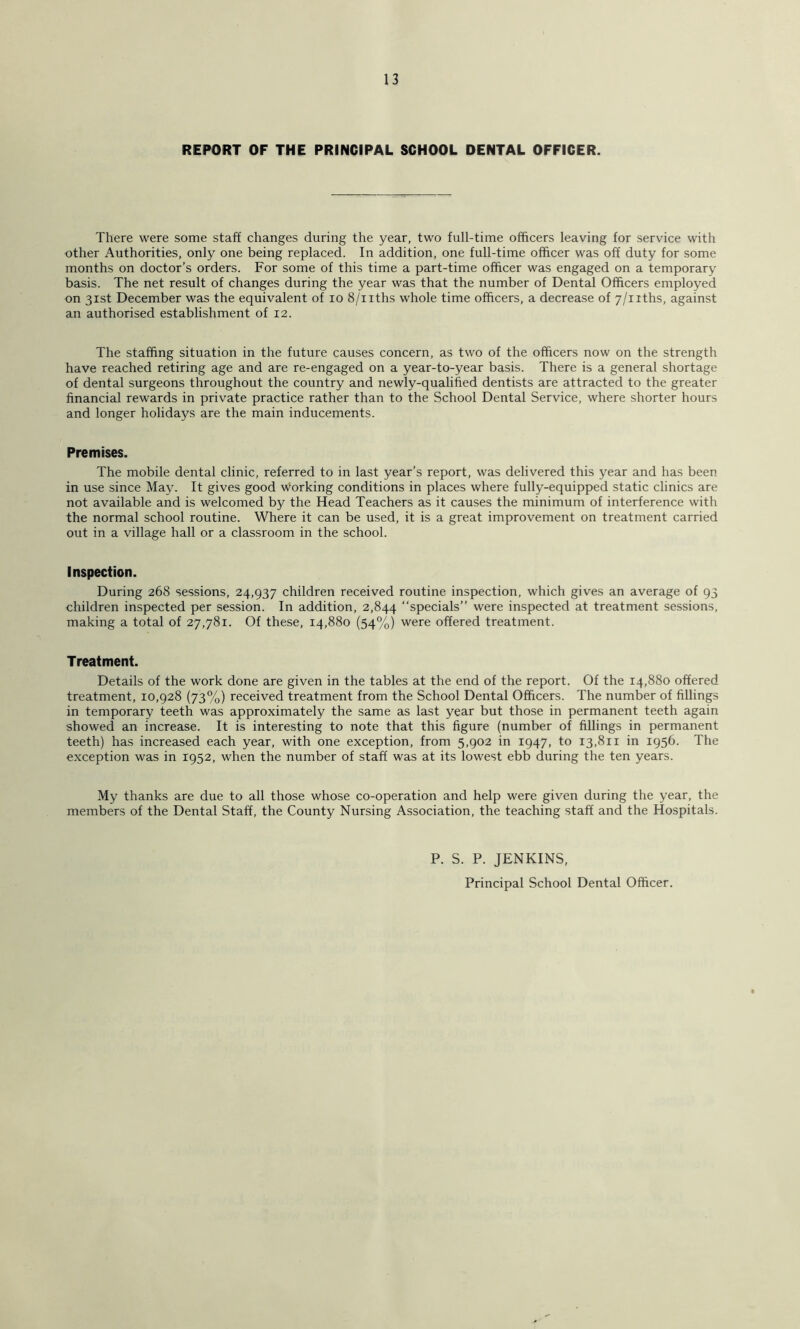 REPORT OF THE PRINCIPAL SCHOOL DENTAL OFFICER. There were some staff changes during the year, two full-time officers leaving for service with other Authorities, only one being replaced. In addition, one full-time officer was off duty for some months on doctor’s orders. For some of this time a part-time officer was engaged on a temporary basis. The net result of changes during the year was that the number of Dental Officers employed on 31st December was the equivalent of 10 8/iiths whole time officers, a decrease of 7/iiths, against an authorised establishment of 12. The staffing situation in the future causes concern, as two of the officers now on the strength have reached retiring age and are re-engaged on a year-to-year basis. There is a general shortage of dental surgeons throughout the country and newly-qualified dentists are attracted to the greater financial rewards in private practice rather than to the School Dental Service, where shorter hours and longer holidays are the main inducements. Premises. The mobile dental clinic, referred to in last year’s report, was delivered this year and has been in use since May. It gives good working conditions in places where fully-equipped static clinics are not available and is welcomed by the Head Teachers as it causes the minimum of interference with the normal school routine. Where it can be used, it is a great improvement on treatment carried out in a village hall or a classroom in the school. Inspection. During 268 sessions, 24,937 children received routine inspection, which gives an average of 93 children inspected per session. In addition, 2,844 “specials” were inspected at treatment sessions, making a total of 27,781. Of these, 14,880 (54%) were offered treatment. Treatment. Details of the work done are given in the tables at the end of the report. Of the 14,880 offered treatment, 10,928 (73%) received treatment from the School Dental Officers. The number of fillings in temporary teeth was approximately the same as last year but those in permanent teeth again showed an increase. It is interesting to note that this figure (number of fillings in permanent teeth) has increased each year, with one exception, from 5,902 in 1947, to 13,811 in 1956. The exception was in 1952, when the number of staff was at its lowest ebb during the ten years. My thanks are due to all those whose co-operation and help were given during the year, the members of the Dental Staff, the County Nursing Association, the teaching staff and the Hospitals. P. S. P. JENKINS, Principal School Dental Officer.