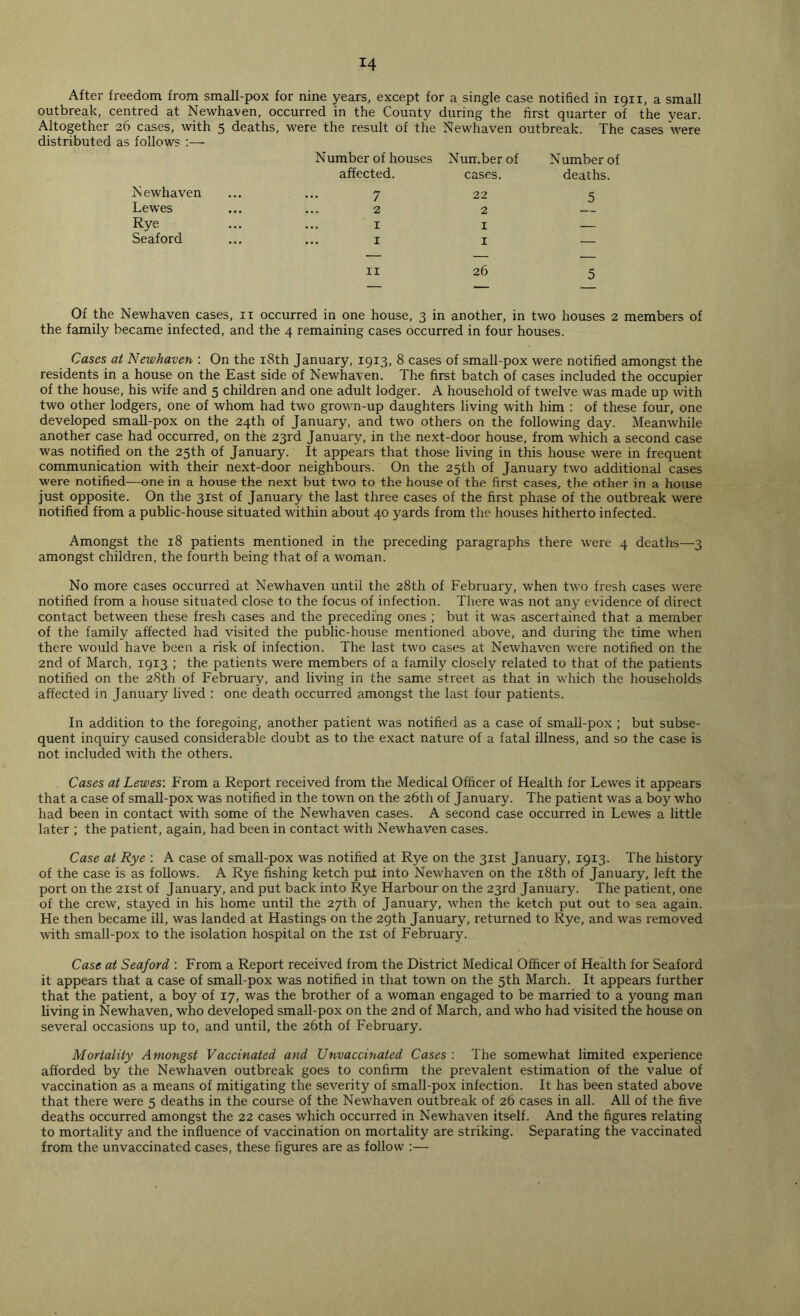 *4 After freedom from small-pox for nine years, except for a single case notified in 1911, a small outbreak, centred at Newhaven, occurred in the County during the first quarter of the year. Altogether 26 cases, with 5 deaths, were the result of the Newhaven outbreak. The cases were distributed as follows :— Number of houses Number of Number of affected. cases. deaths. N ewhaven ... ... 7 22 5 Lewes • • • 2 2 Rye • . . ... 1 1 — Seaford ... 1 1 — 11 26 5 Of the Newhaven cases, 11 occurred in one house, 3 in another, in two houses 2 members of the family became infected, and the 4 remaining cases occurred in four houses. Cases at Newhaven : On the 18th January, 1913, 8 cases of small-pox were notified amongst the residents in a house on the East side of Newhaven. The first batch of cases included the occupier of the house, his wife and 5 children and one adult lodger. A household of twelve was made up with two other lodgers, one of whom had two grown-up daughters living with him : of these four, one developed small-pox on the 24th of January, and two others on the following day. Meanwhile another case had occurred, on the 23rd January, in the next-door house, from which a second case was notified on the 25th of January. It appears that those living in this house were in frequent communication with their next-door neighbours. On the 25th of January two additional cases were notified—one in a house the next but two to the house of the first cases, the other in a house just opposite. On the 31st of January the last three cases of the first phase of the outbreak were notified from a public-house situated within about 40 yards from the houses hitherto infected. Amongst the 18 patients mentioned in the preceding paragraphs there were 4 deaths—3 amongst children, the fourth being that of a woman. No more cases occurred at Newhaven until the 28th of February, when two fresh cases were notified from a house situated close to the focus of infection. There was not any evidence of direct contact between these fresh cases and the preceding ones ; but it was ascertained that a member of the family affected had visited the public-house mentioned above, and during the time when there would have been a risk of infection. The last two cases at Newhaven were notified on the 2nd of March, 1913 ; the patients were members of a family closely related to that of the patients notified on the 28th of February, and living in the same street as that in which the households affected in January lived : one death occurred amongst the last four patients. In addition to the foregoing, another patient was notified as a case of small-pox ; but subse- quent inquiry caused considerable doubt as to the exact nature of a fatal illness, and so the case is not included with the others. Cases at Lewes: From a Report received from the Medical Officer of Health for Lewes it appears that a case of small-pox was notified in the town on the 26th of January. The patient was a boy who had been in contact with some of the Newhaven cases. A second case occurred in Lewes a little later ; the patient, again, had been in contact with Newhaven cases. Case at Rye : A case of small-pox was notified at Rye on the 31st January, 1913. The history of the case is as follows. A Rye fishing ketch put into Newhaven on the 18th of January, left the port on the 21st of January, and put back into Rye Harbour on the 23rd January. The patient, one of the crew, stayed in his home until the 27th of January, when the ketch put out to sea again. He then became ill, was landed at Hastings on the 29th January, returned to Rye, and was removed with small-pox to the isolation hospital on the 1st of February. Case at Seaford : From a Report received from the District Medical Officer of Health for Seaford it appears that a case of small-pox was notified in that town on the 5th March. It appears further that the patient, a boy of 17, was the brother of a woman engaged to be married to a young man living in Newhaven, who developed small-pox on the 2nd of March, and who had visited the house on several occasions up to, and until, the 26th of February. Mortality Amongst Vaccinated and Unvaccinated Cases : The somewhat limited experience afforded by the Newhaven outbreak goes to confirm the prevalent estimation of the value of vaccination as a means of mitigating the severity of small-pox infection. It has been stated above that there were 5 deaths in the course of the Newhaven outbreak of 26 cases in all. All of the five deaths occurred amongst the 22 cases which occurred in Newhaven itself. And the figures relating to mortality and the influence of vaccination on mortality are striking. Separating the vaccinated from the unvaccinated cases, these figures are as follow :—
