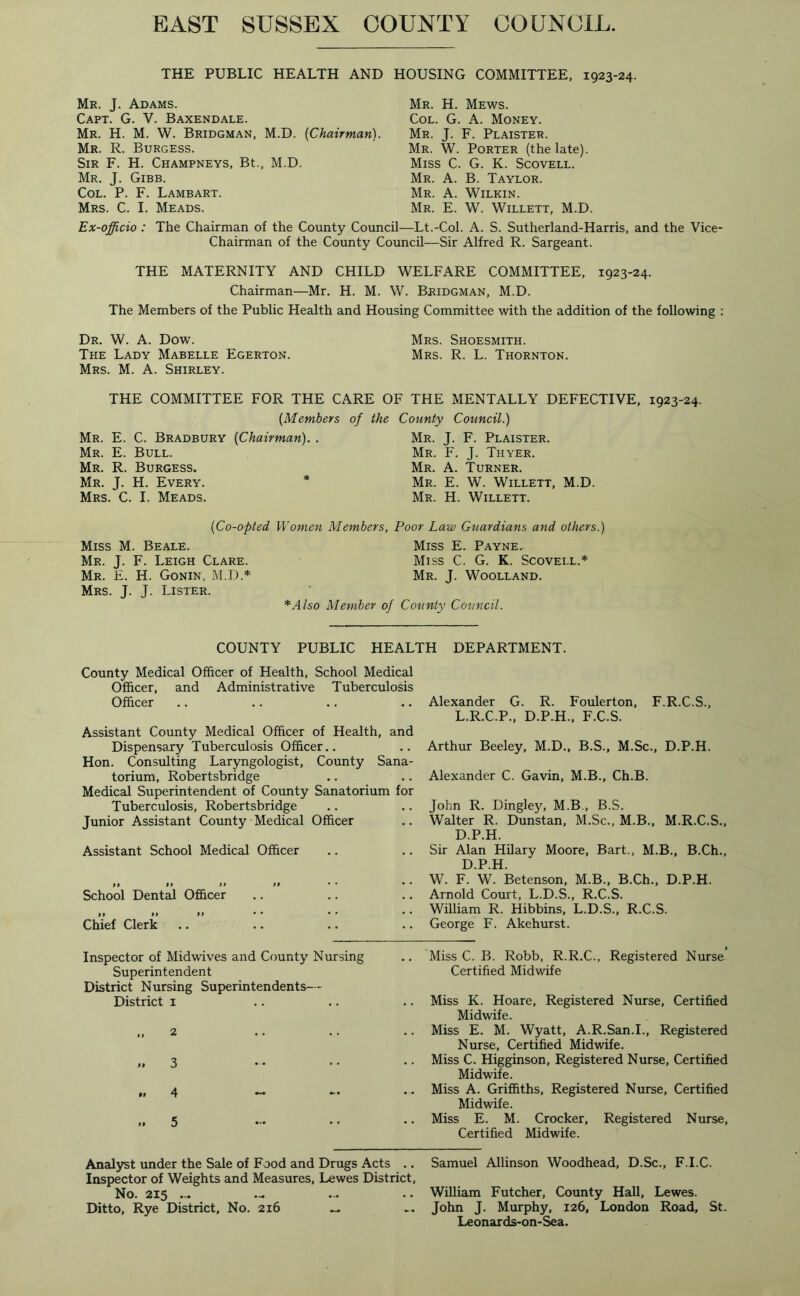 THE PUBLIC HEALTH AND HOUSING COMMITTEE, 1923-24. Mr. J. Adams. Mr. H. Mews. Capt. G. V. Baxendale. Col. G. A. Money. Mr. H. M. W. Bridgman, M.D. {Chairman). Mr. J. F. Plaister. Mr. R. Burgess. Mr. W. Porter (the late). Sir F. H. Champneys, Bt., M.D. Miss C. G. K. Scovell. Mr. J. Gibb. Mr. A. B. Taylor. Col. P. F. Lambart. Mr. A. Wilkin. Mrs. C. I. Meads. Mr. E. W. Willett, M.D. Ex-officio : The Chairman of the County Council—Lt.-Col. A. S. Sutherland-Harris, and the Vice- Chairman of the County Council—Sir Alfred R. Sargeant. THE MATERNITY AND CHILD WELFARE COMMITTEE, 1923-24. Chairman—Mr. H. M. W. Bridgman, M.D. The Members of the Public Health and Housing Committee with the addition of the following : Dr. W. A. Dow. Mrs. Shoesmith. The Lady Mabelle Egerton. Mrs. R. L. Thornton. Mrs. M. A. Shirley. THE COMMITTEE FOR THE CARE OF THE MENTALLY DEFECTIVE, 1923-24. {Members of the County Council.) Mr. E. C. Bradbury {Chairman). . Mr. E. Bull. Mr. R. Burgess. Mr. J. H. Every. Mrs. C. I. Meads. Mr. J. F. Plaister. Mr. F. J. Thyer. Mr. A. Turner. Mr. E. W. Willett, M.D. Mr. H. Willett. {Co-opted Women Members, Poor Law Guardians and others.) Miss M. Beale. Miss E. Payne. Mr. J. F. Leigh Clare. Miss C. G. K. Scovell.* Mr. E. H. Gonin, M.D.* Mr. J. Woolland. Mrs. J. J. Lister. *Also Member of County Council. COUNTY PUBLIC HEALTH DEPARTMENT. County Medical Officer of Health, School Medical Officer, and Administrative Tuberculosis Officer Assistant County Medical Officer of Health, and Dispensary Tuberculosis Officer.. Hon. Consulting Laryngologist, County Sana- torium, Robertsbridge Medical Superintendent of County Sanatorium for Tuberculosis, Robertsbridge Junior Assistant County Medical Officer Assistant School Medical Officer M tt »» tt • * * * School Dental Officer tt ft ft * * * * * ' Chief Clerk Alexander G. R. Foulerton, F.R.C.S., L.R.C.P., D.P.H., F.C.S. Arthur Beeley, M.D., B.S., M.Sc., D.P.H. Alexander C. Gavin, M.B., Ch.B. John R. Dingley, M.B., B.S. Walter R. Dunstan, M.Sc., M.B., M.R.C.S., D.P.H. Sir Alan Hilary Moore, Bart., M.B., B.Ch., D.P.H. W. F. W. Betenson, M.B., B.Ch., D.P.H. Arnold Court, L.D.S., R.C.S. William R. Hibbins, L.D.S., R.C.S. George F. Akehurst. Inspector of Midwives and County Nursing Superintendent District Nursing Superintendents-- District 1 3 4 tt 5 .. Miss C. B. Robb, R.R.C., Registered Nurse Certified Midwife .. Miss K. Hoare, Registered Nurse, Certified Midwife. Miss E. M. Wyatt, A.R.San.I., Registered Nurse, Certified Midwife. .. Miss C. Higginson, Registered Nurse, Certified Midwife. .. Miss A. Griffiths, Registered Nurse, Certified Midwife. .. Miss E. M. Crocker, Registered Nurse, Certified Midwife. Analyst under the Sale of Food and Drugs Acts .. Samuel Allinson Woodhead, D.Sc., F.I.C. Inspector of Weights and Measures, Lewes District, No. 215 ... — ... .. William Futcher, County Hall, Lewes. Ditto, Rye District, No. 216 ~ .. John J. Murphy, 126, London Road, St. Leonards-on-Sea.