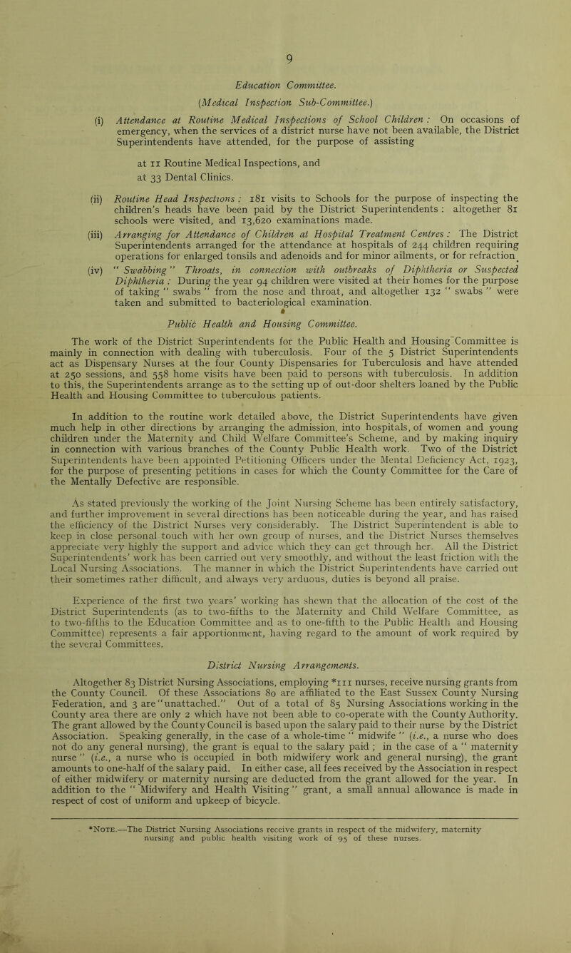 Education Committee. (.Medical Inspection Sub-Committee.) (i) Attendance at Routine Medical Inspections of School Children : On occasions of emergency, when the services of a district nurse have not been available, the District Superintendents have attended, for the purpose of assisting at n Routine Medical Inspections, and at 33 Dental Clinics. (ii) Routine Head Inspections : 181 visits to Schools for the purpose of inspecting the children’s heads have been paid by the District Superintendents : altogether 81 schools were visited, and 13,620 examinations made. (iii) Arranging for Attendance of Children at Hospital Treatment Centres : The District Superintendents arranged for the attendance at hospitals of 244 children requiring operations for enlarged tonsils and adenoids and for minor ailments, or for refraction. (iv)  Swabbing ” Throats, in connection with outbreaks of Diphtheria or Suspected Diphtheria : During the year 94 children were visited at their homes for the purpose of taking “ swabs ” from the nose and throat, and altogether 132 “ swabs ” were taken and submitted to bacteriological examination. * Public Health and Housing Committee. The work of the District Superintendents for the Public Health and Housing Committee is mainly in connection with dealing with tuberculosis. Four of the 5 District Superintendents act as Dispensary Nurses at the four County Dispensaries for Tuberculosis and have attended at 250 sessions, and 558 home visits have been paid to persons with tuberculosis. In addition to this, the Superintendents arrange as to the setting up of out-door shelters loaned by the Public Health and Housing Committee to tuberculous patients. In addition to the routine work detailed above, the District Superintendents have given much help in other directions by arranging the admission, into hospitals, of women and young children under the Maternity and Child Welfare Committee’s Scheme, and by making inquiry in connection with various branches of the County Public Health work. Two of the District Superintendents have been appointed Petitioning Officers under the Mental Deficiency Act, 1923, for the purpose of presenting petitions in cases for which the County Committee for the Care of the Mentally Defective are responsible. As stated previously the working of the Joint Nursing Scheme has been entirely satisfactory, and further improvement in several directions has been noticeable during the year, and has raised the efficiency of the District Nurses very considerably. The District Superintendent is able to keep in close personal touch with her own group of nurses, and the District Nurses themselves appreciate very highly the support and advice which they can get through her. All the District Superintendents’ work has been carried out very smoothly, and without the least friction with the Local Nursing Associations. The manner in which the District Superintendents have carried out their sometimes rather difficult, and always very arduous, duties is beyond all praise. Experience of the first two years’ working has shewn that the allocation of the cost of the District Superintendents (as to two-fifths to the Maternity and Child Welfare Committee, as to two-fifths to the Education Committee and as to one-fifth to the Public Health and Housing Committee) represents a fair apportionment, having regard to the amount of work required by the several Committees. District Nursing Arrangements. Altogether 83 District Nursing Associations, employing *111 nurses, receive nursing grants from the County Council. Of these Associations 80 are affiliated to the East Sussex County Nursing Federation, and 3 are “unattached.” Out of a total of 85 Nursing Associations working in the County area there are only 2 which have not been able to co-operate with the County Authority. The grant allowed by the County Council is based upon the salary paid to their nurse by the District Association. Speaking generally, in the case of a whole-time “ midwife ” (i.e., a nurse who does not do any general nursing), the grant is equal to the salary paid ; in the case of a  maternity nurse” (i.e., a nurse who is occupied in both midwifery work and general nursing), the grant amounts to one-half of the salary paid. In either case, all fees received by the Association in respect of either midwifery or maternity nursing are deducted from the grant allowed for the year. In addition to the “ Midwifery and Health Visiting ” grant, a small annual allowance is made in respect of cost of uniform and upkeep of bicycle. *Note.—The District Nursing Associations receive grants in respect of the midwifery, maternity nursing and public health visiting work of 95 of these nurses.