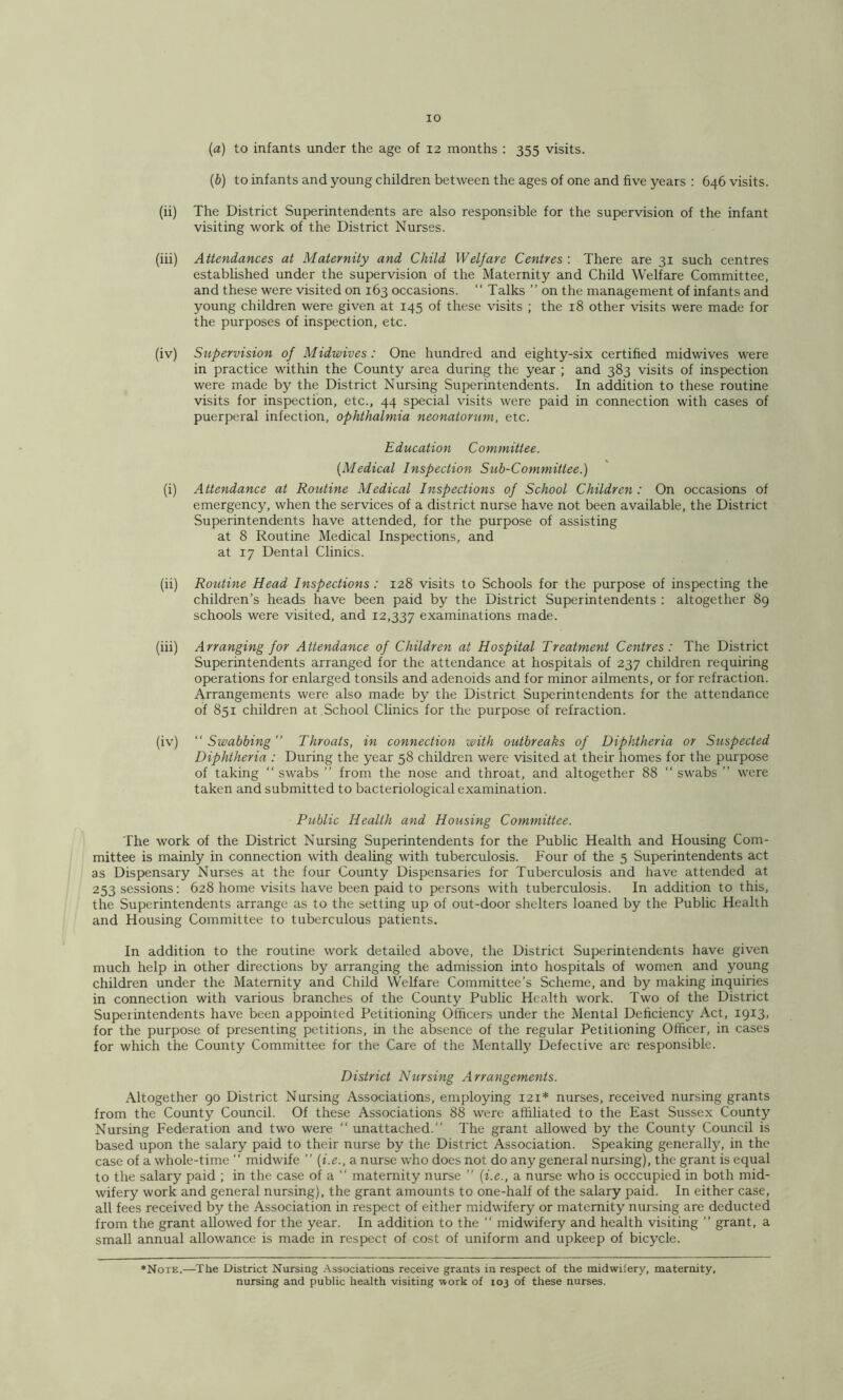{a) to infants under the age of 12 months : 355 visits. (b) to infants and young children between the ages of one and five years : 646 visits. (ii) The District Superintendents are also responsible for the supervision of the infant visiting work of the District Nurses. (iii) Attendances at Maternity and Child Welfare Centres : There are 31 such centres established under the supervision of the Maternity and Child Welfare Committee, and these were visited on 163 occasions. “ Talks ” on the management of infants and young children were given at 145 of these visits ; the 18 other visits were made for the purposes of inspection, etc. (iv) Stipervision of Midwives: One hundred and eighty-six certified midwives were in practice within the County area during the year ; and 383 visits of inspection were made by the District Nursing Superintendents. In addition to these routine visits for inspection, etc., 44 special visits were paid in connection with cases of puerpei'al infection, ophthalmia neonatorum, etc. Education Committee. [Medical Inspection Sub-Committee.) (i) Attendance at Routine Medical Inspections of School Children : On occasions of emergency, when the services of a district nurse have not been available, the District Superintendents have attended, for the purpose of assisting at 8 Routine Medical Inspections, and at 17 Dental Clinics. (ii) Routine Head Inspections : 128 visits to Schools for the purpose of inspecting the children’s heads have been paid by the District Superintendents : altogether 89 schools were visited, and 12,337 examinations made. (iii) Arranging for Attendance of Children at Hospital Treatment Centres: The District Superintendents arranged for the attendance at hospitals of 237 children requiring operations for enlarged tonsils and adenoids and for minor ailments, or for refraction. Arrangements were also made by the District Superintendents for the attendance of 851 children at School Clinics for the purpose of refraction. (iv) “Swabbing” Throats, in connection with outbreaks of Diphtheria or Suspected Diphtheria : During the year 58 children were visited at their homes for the purpose of taking “ swabs ” from the nose and throat, and altogether 88 “ swabs ” were taken and submitted to bacteriological examination. Public Health and Housing Committee. The work of the District Nursing Superintendents for the Public Health and Housing Com- mittee is mainly in connection with dealing with tuberculosis. Four of the 5 Superintendents act as Dispensary Nurses at the four County Dispensaries for Tuberculosis and have attended at 253 sessions: 628 home visits have been paid to persons with tuberculosis. In addition to this, the Superintendents arrange as to the setting up of out-door shelters loaned by the Public Health and Housing Committee to tuberculous patients. In addition to the routine work detailed above, the District Superintendents have given much help in other directions by arranging the admission into hospitals of women and young children under the Maternity and Child Welfare Committee’s Scheme, and by making inquiries in connection with various branches of the County Public Health work. Two of the District Superintendents have been appointed Petitioning Officers under the Mental Deficiency Act, 1913. for the purpose of presenting petitions, in the absence of the regular Petitioning Officer, in cases for which the County Committee for the Care of the Mentally Defective arc responsible. District Nrirsing Arrangements. Altogether 90 District Nursing Associations, employing 121* nurses, received nursing grants from the County Council. Of these Associations 88 were affiliated to the East Sussex County Nursing Federation and two were “ unattached.” The grant allowed by the County Council is based upon the salary paid to their nurse by the District Association. Speaking generally, in the case of a whole-time ” midwife ” [i.e., a nurse who does not do any general nursing), the grant is equal to the salary paid ; in the case of a ‘‘ maternity nurse ” [i.e., a nurse who is occcupied in both mid- wifery work and general nursing), the grant amounts to one-half of the salary paid. In either case, all fees received by the Association in respect of either midwifery or maternity nursing are deducted from the grant allowed for the year. In addition to the ” midwifery and health visiting ” grant, a small annual allowance is made in respect of cost of uniform and upkeep of bicycle. ♦Note.—The District Nursing Associations receive grants in respect of the midwifery, maternity, nursing and public health visiting work of 103 of these nurses.