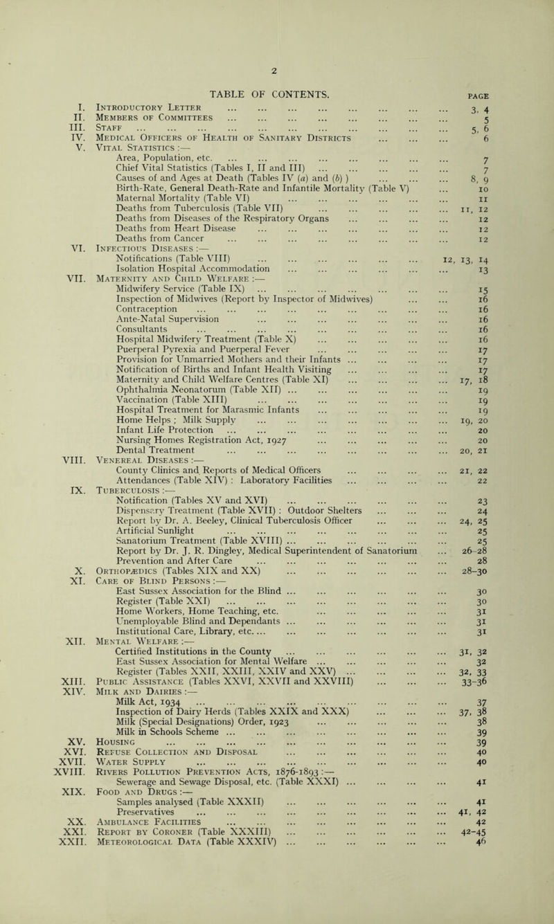 2 I. II. III. IV. V. VI. VII. VIII. IX. X. XI. XII. XIII. XIV. XV. XVI. XVII. XVIII. XIX. XX. XXI. XXII. TABLE OF CONTENTS. Introductory Letter Members of Committees Staff ... ... ... ... Medical Officers of Health of Sanitary Districts Vital Statistics :— Area, Population, etc. Chief Vital Statistics (Tables I, II and III) Causes of and Ages at Death (Tables IV (a) and (b) ) Birth-Rate, General Death-Rate and Infantile Mortality (Table V) Maternal Mortality (Table VI) Deaths from Tuberculosis (Table VII) Deaths from Diseases of the Respiratory Organs Deaths from Heart Disease Deaths from Cancer Infectious Diseases :— Notifications (Table VIII) Isolation Hospital Accommodation Maternity and Child Welfare ;— Midwifery Service (Table IX) Inspection of Midwives (Report by Inspector of Midwives) Contraception Ante-Natal Supervision Consultants Hospital Midwifery Treatment (Table X) Puerperal Pyrexia and Puerperal Fever Provision for Unmarried Mothers and their Infants ... Notification of Births and Infant Health Visiting Maternity and Child Welfare Centres (Table XI) Ophthalmia Neonatorum (Table XII) ... Vaccination (Table XIII) Hospital Treatment for Marasmic Infants Home Helps ; Milk Supply Infant Life Protection Nursing Homes Registration Act, 1927 Dental Treatment Venereal Diseases ;— County Clinics and Reports of Medical Officers Attendances (Table XIV) : Laboratory Facilities Tuberculosis :— Notification (Tables XV and XVI) Dispenser}^ Treatment (Table XVII) : Outdoor Shelters Report by Dr. A. Beeley, Clinical Tuberculosis Officer Artificial Sunlight Sanatorium Treatment (Table XVIII) ... Report by Dr. J. R. Dingley, Medical Superintendent of Sanatorium Prevention and After Care Orthopaedics (Tables XIX and XX) Care of Blind Persons — East Sussex Association for the Blind ... Register (Table XXI) Home Workers, Home Teaching, etc. Lffiemployable Blind and Dependants ... Institutional Care, Library, etc.... Mental Welfare :— Certified Institutions in the County East Sussex Association for Mental Welfare ... Register (Tables XXII, XXIII, XXIV and XXV) Public Assistance (Tables XXVI, XXVII and XXVIII) Milk and Dairies :— Milk Act, 1934 Inspection of Dairy Herds (Tables XXIX and XXX) Milk (Special Designations) Order, 1923 Milk in Schools Scheme ... Housing Refuse Collection and Disposal Water Supply Rivers Pollution Prevention Acts, 1876-1893 :— Sewerage and Sewage Disposal, etc. (Table XXXI) ... Food and Drugs :— Samples analysed (Table XXXII) Preservatives Ambulance Facilities Report by Coroner (Table XXXIII) Meteorological Data (Table XXXIV) PAGE 3. 4 5 5. 6 6 7 7 8, 9 10 11 II, 12 12 12 t 12 12, 13, 14 13 15 16 16 16 16 16 17 17 17 17, 18 19 19 19 19, 20 20 20 20, 21 21, 22 22 23 24 ■ • 24, 25 25 25 26-28 28 28-30 30 30 31 31 31 • 31. 32 32 • 32. 33 • 33-36 37 • 37. 38 38 39 39 40 40 41 41 41, 42 42 • 42-45 46