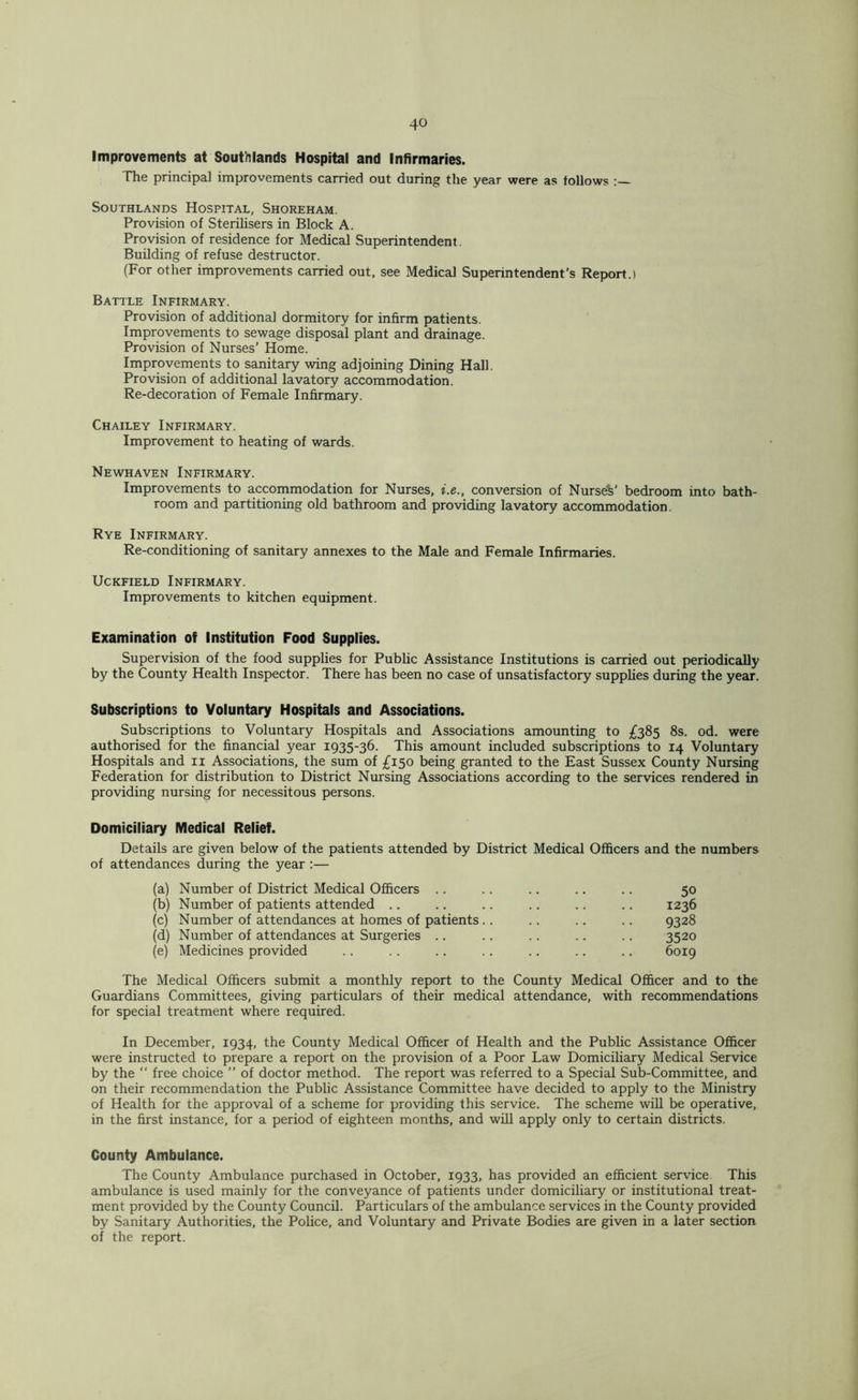 Improvements at Southlands Hospital and Infirmaries. The principal improvements carried out during the year were as follows Southlands Hospital, Shoreham. Provision of Sterilisers in Block A. Provision of residence for Medical Superintendent. Building of refuse destructor. (For other improvements carried out, see Medical Superintendent's Report.) Battle Infirmary. Provision of additional dormitory for infirm patients. Improvements to sewage disposal plant and drainage. Provision of Nurses’ Home. Improvements to sanitary wing adjoining Dining Hall. Provision of additional lavatory accommodation. Re-decoration of Female Infirmary. Chailey Infirmary. Improvement to heating of wards. Newhaven Infirmary. Improvements to a.ccoinmodation for Nurses, i.e., conversion of Nurseh’ bedroom into bath- room and partitioning old bathroom and providing lavatory accommodation. Rye Infirmary. Re-conditioning of sanitary annexes to the Male and Female Infirmaries. UcKFiELD Infirmary. Improvements to kitchen equipment. Examination of Institution Food Supplies. Supervision of the food supplies for Public Assistance Institutions is carried out periodicaUy by the County Health Inspector. There has been no case of unsatisfactory supplies during the year. Subscriptions to Voluntary Hospitals and Associations. Subscriptions to Voluntary Hospitals and Associations amounting to ;^385 8s. od. were authorised for the financial year 1935-36. This amount included subscriptions to 14 Voluntary Hospitals and ii Associations, the sum of £150 being granted to the East Sussex County Nursing Federation for distribution to District Nursing Associations according to the services rendered in providing nursing for necessitous persons. Domiciliary Medical Relief. Details are given below of the patients attended by District Medical Officers and the numbers of attendances during the year :— (a) Number of District Medical Officers .. .. .. .. .. 50 (b) Number of patients attended .. .. .. .. .. .. 1236 (c) Number of attendances at homes of patients.. .. .. .. 9328 (d) Number of attendances at Surgeries .. .. .. .. .. 3520 (e) Medicines provided .. .. .. .. .. .. .. 6019 The Medical Officers submit a monthly report to the County Medical Officer and to the Guardians Committees, giving particulars of their medical attendance, with recommendations for special treatment where required. In December, 1934, the County Medical Officer of Health and the Public Assistance Officer were instructed to prepare a report on the provision of a Poor Law Domiciliary Medical Service by the “ free choice ” of doctor method. The report was referred to a Special Sub-Committee, and on their recommendation the Public Assistance Committee have decided to apply to the Ministry of Health for the approval of a scheme for providing this service. The scheme will be operative, in the first instance, for a period of eighteen months, and will apply only to certain districts. County Ambulance. The County Ambulance purchased in October, 1933, has provided an efficient service. This ambulance is used mainly for the conveyance of patients under domiciliary or institutional treat- ment provided by the County Council. Particulars of the ambulance services in the County provided by Sanitary Authorities, the Police, and Voluntary and Private Bodies are given in a later section of the report.
