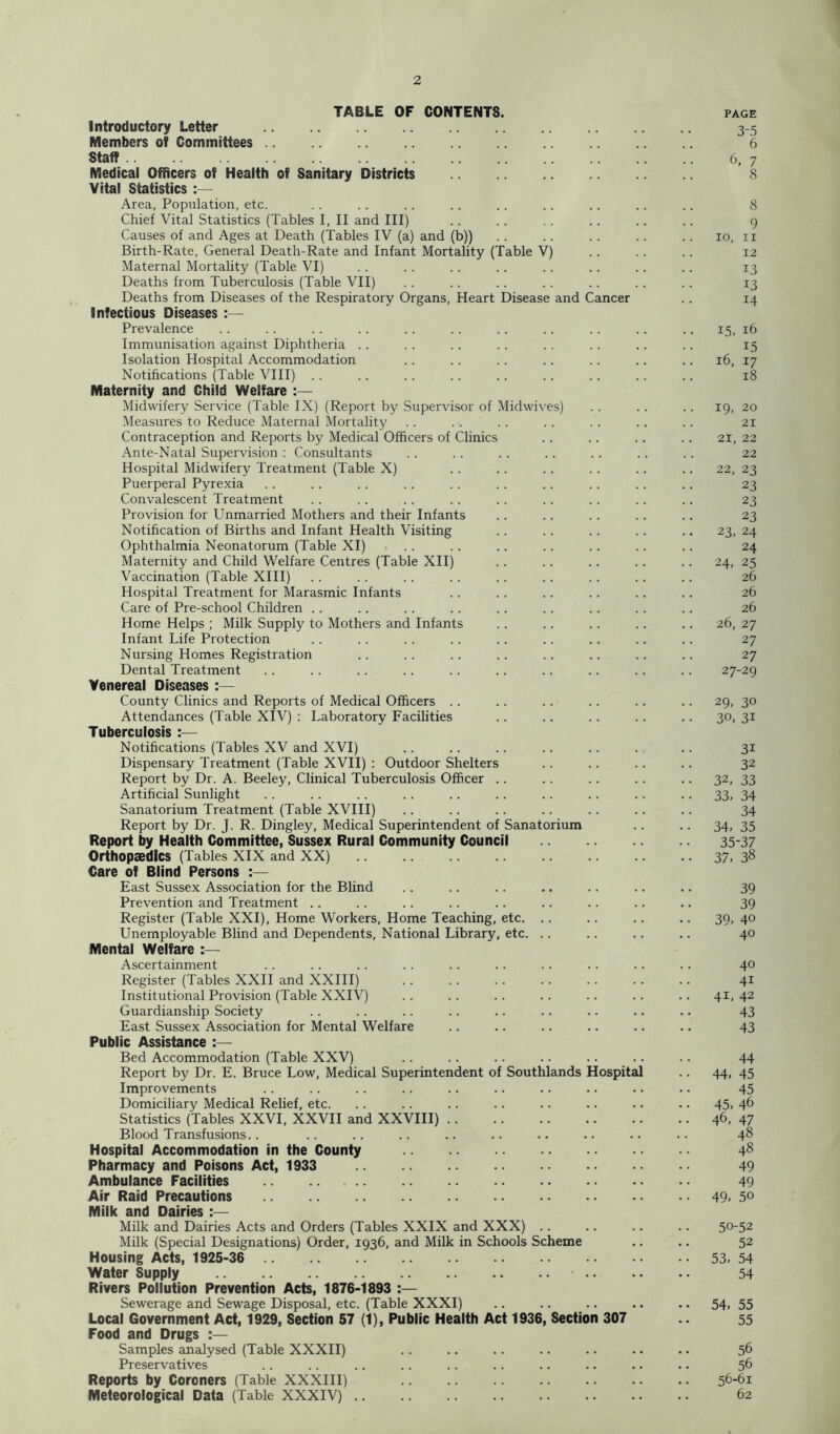 TABLE OF CONTENTS. PAGE Introductory Letter 3-5 Members of Committees 6 Staff 6, 7 Medical Officers of Health of Sanitary Districts .. 8 Vital Statistics Area, Population, etc. . . .. .. .. .. .. .. .. .. 8 Chief Vital Statistics (Tables I, II and III) .. .. .. .. .. .. g Causes of and Ages at Death (Tables IV (a) and (b)) .. .. .. .. .. 10, n Birth-Rate, General Death-Rate and Infant Mortality (Table V) .. . . .. 12 Maternal Mortality (Table VI) .. . . .. .. .. .. .. .. 13 Deaths from Tuberculosis (Table VII) .. .. .. .. .. .. . . 13 Deaths from Diseases of the Respiratory Organs, Heart Disease and Cancer .. 14 Infectious Diseases :— Prevalence .. .. . . .. .. .. .. .. .. .. .. 15, 16 Immunisation against Diphtheria .. .. .. .. .. .. .. .. 15 Isolation Hospital Accommodation .. .. .. .. .. .. .. 16, 17 Notifications (Table VIII) .. .. .. .. .. .. .. .. .. 18 Maternity and Child Welfare : - Midwifery Service (Table IX) (Report by Supervisor of Midwives) .. .. .. 19, 20 Measures to Reduce Maternal Mortality .. . . .. .. . . .. .. 21 Contraception and Reports by Medical Officers of Clinics .. .. .. .. 21, 22 Ante-Natal Supervision : Consultants . . .. . . . . .. .. .. 22 Hospital Midwifery Treatment (Table X) .. .. .. .. .. .. 22, 23 Puerperal Pyrexia . . .. .. .. . . . . .. .. .. .. 23 Convalescent Treatment .. .. .. .. .. .. .. .. .. 23 Provision for Unmarried Mothers and their Infants .. .. .. .. .. 23 Notification of Births and Infant Health Visiting .. .. .. .. .. 23, 24 Ophthalmia Neonatorum (Table XI) .. .. .. .. .. .. .. 24 Maternity and Child Welfare Centres (Table XII) .. .. .. .. .. 24, 25 Vaccination (Table XIII) .. . . .. . . . . .. .. .. .. 26 Hospital Treatment for Marasmic Infants . . .. .. .. .. .. 26 Care of Pre-school Children .. .. . . .. .. .. .. .. .. 26 Home Helps ; Milk Supply to Mothers and Infants .. .. .. .. .. 26, 27 Infant Life Protection .. . . .. .. .. .. .. .. .. 27 Nursing Homes Registration .. .. .. .. .. .. .. .. 27 Dental Treatment . . .. . . .. .. .. .. .. .. .. 27-29 Venereal Diseases :— County Clinics and Reports of Medical Officers .. .. .. .. .. .. 29, 30 Attendances (Table XIV) : Laboratory Facilities .. .. .. .. .. 30, 31 Tuberculosis :— Notifications (Tables XV and XVI) .. .. .. .. .. . .. 31 Dispensary Treatment (Table XVII) : Outdoor Shelters .. .. .. .. 32 Report by Dr. A. Beeley, Clinical Tuberculosis Officer .. .. .. .. .. 32, 33 Artificial Sunlight .. .. .. .. .. .. .. .. .. .. 33, 34 Sanatorium Treatment (Table XVIII) .. .. .. .. .. .. .. 34 Report by Dr. J. R. Dingley, Medical Superintendent of Sanatorium .. .. 34, 35 Report by Health Committee, Sussex Rural Community Council 35-37 Orthopaedics (Tables XIX and XX) 37, 3§ Care of Blind Persons :— East Sussex Association for the Blind .. .. .. .. .. .. .. 39 Prevention and Treatment .. .. .. .. .. .. .. .. .. 39 Register (Table XXI), Home Workers, Home Teaching, etc. .. .. .. .. 39, 40 Unemployable Blind and Dependents, National Library, etc. .. .. .. .. 40 Mental Welfare :— Ascertainment . . .. .. . . .. .. .. .. .. .. 40 Register (Tables XXII and XXIII) 41 Institutional Provision (Table XXIV) .. .. .. .. .. .. .. 41,42 Guardianship Society .. .. .. .. .. .. .. .. .. 43 East Sussex Association for Mental Welfare .. .. .. .. .. .. 43 Public Assistance :— Bed Accommodation (Table XXV) .. .. .. .. .. .. .. 44 Report by Dr. E. Bruce Low, Medical Superintendent of Southlands Hospital .. 44, 45 Improvements .. .. .. .. .. .. .. .. .. .. 45 Domiciliary Medical Relief, etc. .. .. .. .. .. .. .. .. 45, 46 Statistics (Tables XXVI, XXVII and XXVIII) 46, 47 Blood Transfusions.. .. .. .. .. .. .. .. .. .. 48 Hospital Accommodation in the County 4s Pharmacy and Poisons Act, 1933 49 Ambulance Facilities 49 Air Raid Precautions 49. 5° Milk and Dairies :— Milk and Dairies Acts and Orders (Tables XXIX and XXX) .. .. .. .. 5052 Milk (Special Designations) Order, 1936, and Milk in Schools Scheme .. .. 52 Housing Acts, 1925-36 53, 54 Water Supply 54 Rivers Pollution Prevention Acts, 1876-1893 :— Sewerage and Sewage Disposal, etc. (Table XXXI) .. .. .. .. .. 54, 55 Local Government Act, 1929, Section 57 (1), Public Health Act 1936, Section 307 55 Food and Drugs :— Samples analysed (Table XXXII) .. .. .. .. .. .. .. 56 Preservatives .. .. .. .. .. .. .. .. .. .. 56 Reports by Coroners (Table XXXIII) 56-61 Meteorological Data (Table XXXIV) 62