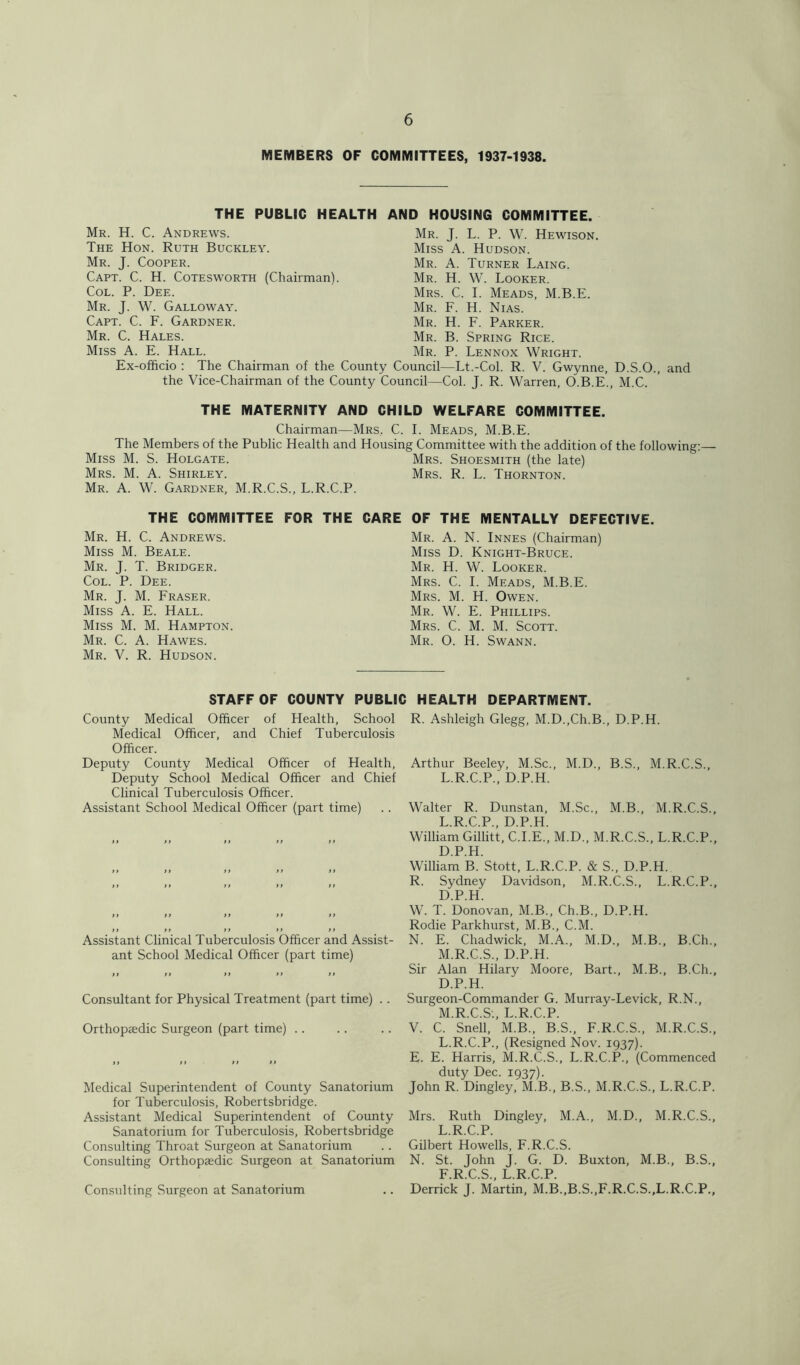 MEMBERS OF COMMITTEES, 1937-1938. THE PUBLIC HEALTH AND HOUSING COMMITTEE. Mr. H. C. Andrews. Mr. J. L. P. W. Hewison. The Hon. Ruth Buckley. Miss A. Hudson. Mr. J. Cooper. Mr. A. Turner Laing. Capt. C. H. Cotesworth (Chairman). Mr. H. W. Looker. Col. P. Dee. Mrs. C. I. Meads, M.B.E. Mr. J. W. Galloway. Mr. F. H. Nias. Capt. C. F. Gardner. Mr. H. F. Parker. Mr. C. Hales. Mr. B. Spring Rice. Miss A. E. Hall. Mr. P. Lennox Wright. Ex-officio : The Chairman of the County Council—Lt.-Col. R. V. Gwynne, D.S.O., and the Vice-Chairman of the County Council—Col. J. R. Warren, O.B.E., M.C. THE MATERNITY AND CHILD WELFARE COMMITTEE. Chairman—Mrs. C. I. Meads, M.B.E. The Members of the Public Health and Housing Committee with the addition of the following:— Miss M. S. Holgate. Mrs. Shoesmith (the late) Mrs. M. A. Shirley. Mrs. R. L. Thornton. Mr. A. W. Gardner, M.R.C.S., L.R.C.P. THE COMMITTEE FOR THE CARE OF THE MENTALLY DEFECTIVE. Mr. H. C. Andrews. Miss M. Beale. Mr. J. T. Bridger. Col. P. Dee. Mr. J. M. Fraser. Miss A. E. Hall. Miss M. M. Hampton. Mr. C. A. Hawes. Mr. V. R. Hudson. Mr. A. N. Innes (Chairman) Miss D. Knight-Bruce. Mr. H. W. Looker. Mrs. C. I. Meads, M.B.E. Mrs. M. H. Owen. Mr. W. E. Phillips. Mrs. C. M. M. Scott. Mr. O. H. Swann. STAFF OF COUNTY PUBLIC HEALTH DEPARTMENT. County Medical Officer of Health, School Medical Officer, and Chief Tuberculosis Officer. Deputy County Medical Officer of Health, Deputy School Medical Officer and Chief Clinical Tuberculosis Officer. Assistant School Medical Officer (part time) i) ») it tt ft tt ft ft ft ft ft ft tt tt tt tt tt tt tt tt Assistant Clinical Tuberculosis Officer and Assist- ant School Medical Officer (part time) tt tt tt tt tt Consultant for Physical Treatment (part time) .. Orthopaedic Surgeon (part time) Medical Superintendent of County Sanatorium for Tuberculosis, Robertsbridge. Assistant Medical Superintendent of County Sanatorium for Tuberculosis, Robertsbridge Consulting Throat Surgeon at Sanatorium Consulting Orthopaedic Surgeon at Sanatorium Consulting Surgeon at Sanatorium R. Ashleigh Glegg, M.D.,Ch.B„ D.P.H. Arthur Beeley, M.Sc., M.D., B.S., M.R.C.S., L.R.C.P., D.P.H. Walter R. Dunstan, M.Sc., M.B., M.R.C.S., L. R.C.P., D.P.H. William Gillitt, C.I.E., M.D., M.R.C.S., L.R.C.P., D.P.H. William B. Stott, L.R.C.P. & S., D.P.H. R. Sydney Davidson, M.R.C.S., L.R.C.P., D.P.H. W. T. Donovan, M.B., Ch.B., D.P.H. Rodie Parkhurst, M.B., C.M. N. E. Chadwick, M.A., M.D., M.B., B.Ch., M. R.C.S., D.P.H. Sir Alan Hilary Moore, Bart., M.B., B.Ch., D.P.H. Surgeon-Commander G. Murray-Levick, R.N., M.R.C.S., L.R.C.P. V. C. Snell, M.B., B.S., F.R.C.S., M.R.C.S., L.R.C.P., (Resigned Nov. 1937). E. E. Harris, M.R.C.S., L.R.C.P., (Commenced duty Dec. 1937). John R. Dingley, M.B., B.S., M.R.C.S., L.R.C.P. Mrs. Ruth Dingley, M.A., M.D., M.R.C.S., L.R.C.P. Gilbert Howells, F.R.C.S. N. St. John J. G. D. Buxton, M.B., B.S., F.R.C.S., L.R.C.P. Derrick J. Martin, M.B.,B.S.,F.R.C.S.,L.R.C.P.,