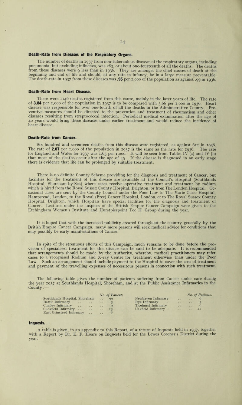 H Death-Rate from Diseases of the Respiratory Organs. The number of deaths in 1937 from non-tuberculous diseases of the respiratory organs, including pneumonia, but excluding influenza, was 283, or about one-fourteenth of all the deaths. The deaths from these diseases were 9 less than in 1936. They are amongst the chief causes of death at the beginning and end of life and should, at any rate in infancy, be in a large measure preventable. The death-rate in 1937 from these diseases was .95 per 1,000 of the population as against .99 in 1936. Death-Rate from Heart Disease. There were 1146 deaths registered from this cause, mainly in the later years of life. The rate of 3.84 per 1,000 of the population in 1937 is to be compared with 3.66 per 1,000 in 1936. Heart disease was responsible for over one-fourth of all the deaths in the Administrative County. Pre- ventive measures should be directed to the prevention and treatment of rheumatism and other diseases resulting from streptococcal infection. Periodical medical examination after the age of 40 years would bring these diseases under earlier treatment and would reduce the incidence of heart disease. Death-Rate from Cancer. Six hundred and seventeen deaths from this disease were registered, as against 611 in 1936. The rate of 2.07 per 1,000 of the population in 1937 is the same as the rate for 1936. The rate for England and Wales for 1937 was 1.63 per 1,000. It will be seen from Tables IV (a) and IV (b) that most of the deaths occur after the age of 45. If the disease is diagnosed in an early stage there is evidence that life can be prolonged by suitable treatment. There is no definite County Scheme providing for the diagnosis and treatment of Cancer, but facilities for the treatment of this disease are available at the Council’s Hospital (Southlands Hospital, Shoreham-by-Sea) where cases receive operative treatment and treatment by radium which is hired from the Royal Sussex County Hospital, Brighton, or from The London Hospital. Oc- casional cases are sent by the County Council under the Poor Law to The Marie Curie Hospital, Hampstead, London, to the Royal (Free) Cancer Hospital, London, or to The Royal Sussex County Hospital, Brighton, which Hospitals have special facilities for the diagnosis and treatment of Cancer. Lectures under the auspices of the British Empire Cancer Campaign were given to the, Etchingham Women’s Institute and Hurstpierpoint Toe H Group during the year. It is hoped that with the increased publicity created throughout the country generally by the British Empire Cancer Campaign, many more persons will seek medical advice for conditions that may possibly be early manifestations of Cancer. In spite of the strenuous efforts of this Campaign, much remains to be done before the pro- vision of specialised treatment for this disease can be said to be adequate. It is recommended that arrangements should be made by the Authority, whereby, medical practitioners may refer cases to a recognised Radium and X-ray Centre for treatment otherwise than under the Poor Law. Such an arrangement should include payment to the Hospital to cover the cost of treatment and payment of the travelling expenses of necessitous persons in connection with such treatment. The following table gives the number of patients suffering from Cancer under care during the year 1937 at Southlands Hospital, Shoreham, and at the Public Assistance Infirmaries in the County :— No. of Patients. Southlands Hospital, Shoreham . . 99 Battle Infirmary . . . . . . 3 Chailey Infirmary . . . . .. 9 Cuckfield Infirmary . . . . . . 13 East Grinstead Infirmary . . . . 8 Newhaven Infirmary No. of Patients. 9 Rye Infirmary 3 Ticehurst Infirmary .. .. 0 Uckfield Infirmary .. n Inquests. A table is given, in an appendix to this Report, of a return of Inquests held in 1937, together with a Report by Dr. E. F. Hoare on Inquests held for the Lewes Coroner’s District during the year.