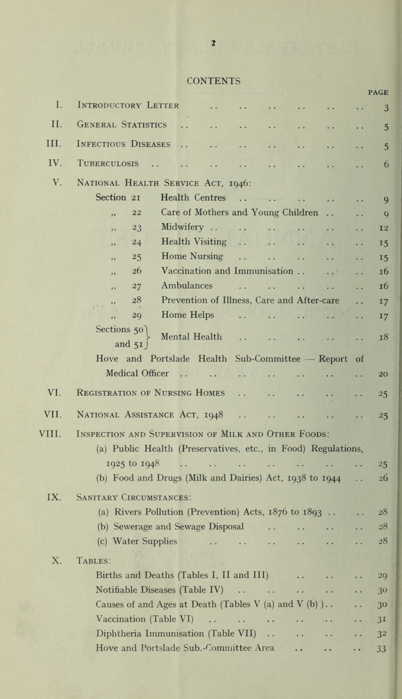 CONTENTS PAGE I. Introductory Letter .. .. ,. .. .. .. 3 II. General Statistics .. .. ., .. .. .. .. 5 III. Infectious Diseases .. .. .. .. .. .. .. 5 IV. Tuberculosis .. .. .. .. .. .. .. .. 6 V. National Health Service Act, 1946: Section 21 Health Centres 9 22 Care of Mothers and Young Children . . 9 } 23 Midwifery . . 12 j y 24 Health Visiting 15 y y 25 Home Nursing 15 y y 26 Vaccination and Immunisation . . 16 y 27 Ambulances 16 y y 28 Prevention of Illness, Care and After-care . . 17 y y 29 Home Helps . . 17 Sections S0I and 51J Mental Health . . . . , . 18 Hove and Portslade Health Sub-Committee — Report of Medical Officer . . . . . . . . . . . . . . 20 VI. Registration of Nursing Homes .. .. .. .. .. 25 VII. National Assistance Act, 1948 .. .. .. .. .. 25 VIII. Inspection and Supervision of Milk and Other Foods: (a) Public Health (Preservatives, etc., in Food) Regulations, 1925 to 1948 25 (b) Food and Drugs (Milk and Dairies) Act, 1938 to 1944 . . 26 IX. Sanitary Circumstances: (a) Rivers Pollution (Prevention) Acts, 1876 to 1893 . . . . 28 (b) Sewerage and Sewage Disposal . . .. . . . . 28 (c) Water Supplies . . . . . . .. . . . . 28 X. Tables: Births and Deaths (Tables I, II and III) .. . . . . 29 Notifiable Diseases (Table IV) .. . . .. .. .. 30 Causes of and Ages at Death (Tables V (a) and V (b) ).. . . 30 Vaccination (Table VI) . . . . .. . . . . .. 31 Diphtheria Immunisation (Table VII) . . .. . . . . 32 Hove and Portslade Sub.-Committee Area .. .. .. 33