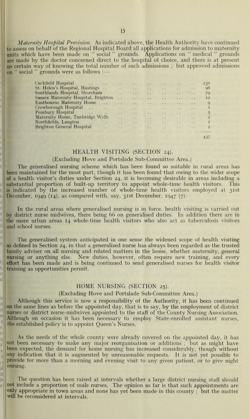 I 13 i Maternity Hospital Provision. As indicated above, the Health Authority have continued ' to assess on behalf of the Regional Hospital Board all applications for admission to maternity units which have been made on “ social ” grounds. Applications on “ medical ” grounds I are made by the doctor concerned direct to the hospital of choice, and there is at present no certain way of knowing the total number of such admissions ; but approved admissions on “ social ” grounds were as follows :— Cuckfield Hospital St. Helen’s Hospital, Hastings .. Southlands Hospital, Shoreham Sussex Maternity Hospital, Brighton Eastbourne Maternity Home Crowborough Hospital Pembury Hospital Maternity Home, Tunbridge Wells Northfields, Langton Brighton General Hospital 230 96 79 12 9 1 5 2 1 2 i\ 437 '0| )!' lej '?i m to| all id] !ir| d„ ch I HEALTH VISITING (SECTION 24). II (Excluding Hove and Portslade Sub-Committee Area.) The generalised nursing scheme which has been found so suitable in rural areas has been maintained for the most part, though it has been found that owing to the wider scope of a health visitor's duties under Section 24, it is becoming desirable in areas including a substantial proportion of built-up territory to appoint whole-time health visitors. This is indicated by the increased number of whole-time health visitors employed at 31st 'December, 1949 (14), as compared with, say, 31st December, 1947 (7). ;H[ In the rural areas where generalised nursing is in force, health visiting is carried out by district nurse midwives, there being 66 on generalised duties. In addition there are in the more urban areas 14 whole-time health visitors who also act as tuberculosis visitors and school nurses. ch ur )le b\, te. en| ndj :eni ini er ISt.; )n' sa) ildi' The generalised system anticipated in one sense the widened scope of health visiting as defined in Section 24, in that a generalised nurse has always been regarded as the trusted family adviser on all nursing and related matters in the home, whether maternity, general nursing or anything else. New duties, however, often require new training, and every effort has been made and is being continued to send generalised nurses for health visitor training as opportunities permit. (HOME NURSING (SECTION 25). (Excluding Hove and Portslade Sub-Committee Area.) Although this service is now a responsibility of the Authority, it has been continued oh the same lines as before the appointed day, that is to say, by the employment of district nurses or district nurse-midwives appointed to the staff of the County Nursing Association. .\lthough on occasion it has been necessary to employ State-enrolled assistant nurses, the established policy is to appoint Queen’s Nurses. VI x\s the needs of the whole county were already covered on the appointed day, it has not been necessary to make any major reorganisation or additions ; but as might have been expected, the demand for home nursing has increased considerably, though without any indication that it is augmented by unreasonable requests. It is not yet possible to provide for more than a morning and evening visit to any given patient, or to give night nursing. ibe ths The question has been raised at intervals whether a large district nursing staff should et- not include a proportion of male nurses. The opinion so far is that such appointments are oidy appropriate in town areas and none has yet been made in this county ; but the matter will be reconsidered at intervals.