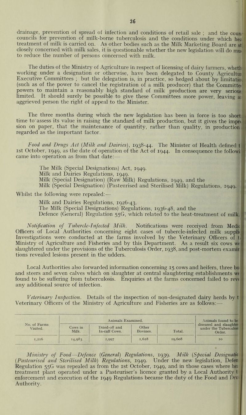 drainage, prevention of spread of infection and conditions of retail sale ; and the coun- councils for prevention of milk-borne tuberculosis and the conditions under which hes treatment of milk is carried on. As other bodies such as the Milk Marketing Board are st closely concerned with milk sales, it is questionable whether the new legislation will do mui to reduce the number of persons concerned with milk. The duties of the Ministry of Agriculture in respect of licensing of dairy farmers, wheth- working under a designation or otherwise, have been delegated to County Agricultui Executive Committees ; but the delegation is, in practice, so hedged about by limitatio, (such as of the power to cancel the registration of a milk producer) that the Committed powers to maintain a reasonably high standard of milk production are very serious, limited. It should surely be possible to give these Committees more power, leaving ai aggrieved person the right of appeal to the Minister. The three months during which the new legislation has been in force is too short, time to'assess its value in raising the standard of milk production, but it gives the impn sion on paper, that the maintenance of quantity, rather than quality, in production ' regarded as the important factor. Food and Dntgs Act {Milk and Dairies), 1938-44. The Minister of Health defined t j ist October, 1949, as the date of operation of the Act of 1944. In consequence the followi | came into operation as from that date:— I The Milk (Special Designations) Act, 1949. Milk and Dairies Regulations, 1949. Milk (Special Designation) (Raw Milk) Regulations, 1949, and the j Milk (Special Designation) (Pasteurised and Sterilised Milk) Regulations, 1949. ^ Whilst the following were repealed:— | Milk and Dairies Regulations, 1926-43. The Milk (Special Designations) Regulations, 1936-48, and the — Defence (General) Regulation 55G, which related to the heat-treatment of millo' T |: k * j Notification of Tubercle-Infected Milk. Notifications were received from Medic 1 Officers of Local Authorities concerning eight cases of tubercle-infected milk supplii . Investigations were conducted at the farms involved by the Veterinary Officers of t^i Ministry of Agriculture and Fisheries and by this Department. As a result six cows wc ' slaughtered under the provisions of the Tuberculosis Order, 1938, and post-mortem examir tions revealed lesions present in the udders. Local Authorities also forwarded information concerning 15 cows and heifers, three bu and steers and seven calves which on slaughter at central slaughtering establishments w( found to be suffering from tuberculosis. Enquiries at the farms concerned failed to revc any additional source of infection. Veterinary Inspection. Details of the inspection of non-designated dairy herds by t Veterinary Officers of the Ministry of Agriculture and Fisheries are as follows:— No. of Farms Visited. -Animals Examined. Animals found to be diseased and slaughter' under the Tuberculosi Order. Cows in MUk. Dried-off and In-calf Cows. Other Bo vines. Total. 1,216 14.983 2,997 1,628 19,608 10 Ministry of Food—Defence {General) Regulations, 1939. Milk {Special Designatu {Pasteurised and Sterilised Milk) Regulations, 1949. Under the new legislation. Defer Regulation 55G was repealed as from the ist October, 1949, and in those cases where he: treatment plant operated under a Pasteuriser’s licence granted by a Local Authority tj enforcement and execution of the 1949 Regulations became the duty of the Food and Dnif Authority. I