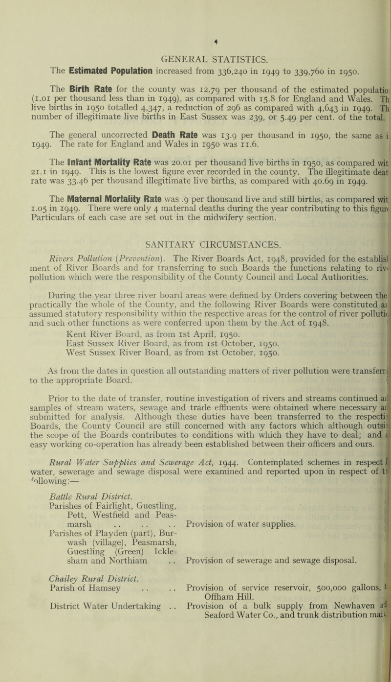 GENERAL STATISTICS. The Estimated Population increased from 336,240 in 1949 to 339,760 in 1950. The Birth Rate for the county was 12.79 Per thousand of the estimated populatio; (1.01 per thousand less than in 1949), as compared with 15.8 for England and Wales. Th live births in 1950 totalled 4,347, a reduction of 296 as compared with 4,643 in 1949. Th number of illegitimate live births in East Sussex was 239, or 5.49 per cent, of the total. The general uncorrected Death Rate was 13.9 per thousand in 1950, the same as i 1949. The rate for England and Wales in 1950 was 11.6. The Snfant Mortality Rate was 20.01 per thousand live births in 1950, as compared wit 21.1 in 1949. This is the lowest figure ever recorded in the county. The illegitimate deat rate was 33.46 per thousand illegitimate live births, as compared with 40.69 in 1949. The Maternal Mortality Rate was .9 per thousand live and still births, as compared wit 1.05 in 1949. There were only 4 maternal deaths during the year contributing to this figun Particulars of each case are set out in the midwifery section. SANITARY CIRCUMSTANCES. Rivers Pollution [Prevention). The River Boards Act, 1948, provided for the establisl ment of River Boards and for transferring to such Boards the functions relating to rivi pollution which were the responsibility of the County Council and Local Authorities. During the year three river board areas were defined by Orders covering between the practically the whole of the County, and the following River Boards were constituted ai assumed statutory responsibility within the respective areas for the control of river pollutk and such other functions as were conferred upon them by the Act of 1948. Kent River Board, as from 1st April, 1950. East Sussex River Board, as from 1st October, 1950. West Sussex River Board, as from 1st October, 1950. As from the dates in question all outstanding matters of river pollution were transferr, to the appropriate Board. Prior to the date of transfer, routine investigation of rivers and streams continued ail samples of stream waters, sewage and trade effluents were obtained where necessary ail submitted for analysis. Although these duties have been transferred to the respecti: Boards, the County Council are still concerned with any factors which although outsi: the scope of the Boards contributes to conditions with which they have to deal; and 1 easy working co-operation has already been established between their officers and ours. Rural Water Supplies and Sewerage Act, 1944. Contemplated schemes in respect f water, sewerage and sewage disposal were examined and reported upon in respect of t; Allowing:— Battle Rural District. Parishes of Fairlight, Guestling, Pett, Westfield and Peas- marsh Parishes of Play den (part), Bur- wash (village), Peasmarsh, Guestling (Green) Ickle- sham and Northiam Chailey Rural District. Parish of Hamsey District Water Undertaking .. Provision of water supplies. Provision of sewerage and sewage disposal. Provision of service reservoir, 500,000 gallons, t Off ham Hill. Provision of a bulk supply from Newhaven a! Seaford Water Co., and trunk distribution man
