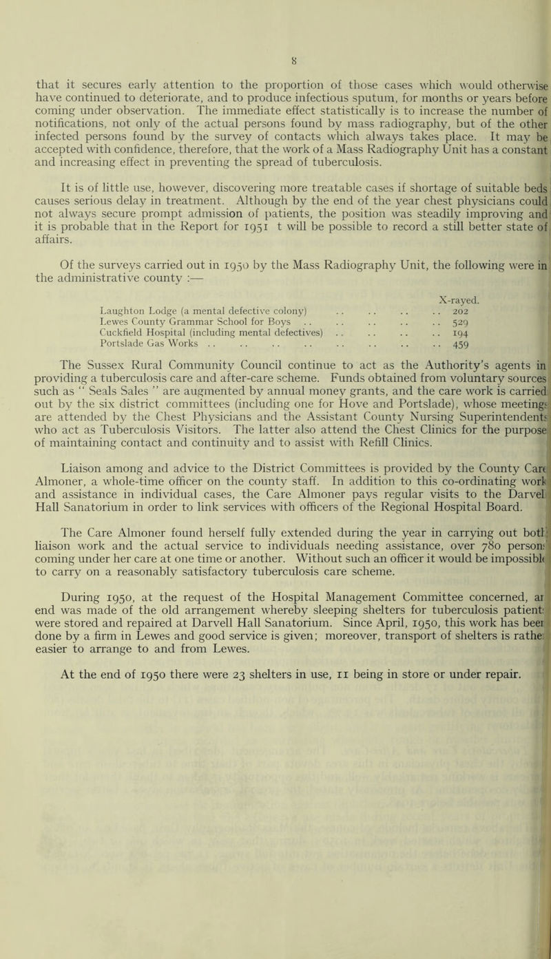 that it secures early attention to the proportion of those cases which would otherwise have continued to deteriorate, and to produce infectious sputum, for months or years before coming under observation. The immediate effect statistically is to increase the number of notifications, not only of the actual persons found by mass radiography, but of the other infected persons found by the survey of contacts which always takes place. It may be accepted with confidence, therefore, that the work of a Mass Radiography Unit has a constant and increasing effect in preventing the spread of tuberculosis. It is of little use, however, discovering more treatable cases if shortage of suitable beds causes serious delay in treatment. Although by the end of the year chest physicians could not always secure prompt admission of patients, the position was steadily improving and it is probable that in the Report for 1951 t will be possible to record a still better state of affairs. Of the surveys carried out in 1950 by the Mass Radiography Unit, the following were in the administrative county :— X-rayed. 202 Laughton Lodge (a mental defective colony) Lewes County Grammar School for Boys Cuckfield Hospital (including mental defectives) Portslade Gas Works 529 194 459 The Sussex Rural Community Council continue to act as the Authority’s agents in providing a tuberculosis care and after-care scheme. Funds obtained from voluntary sources such as “ Seals Sales ” are augmented by annual money grants, and the care work is carried out by the six district committees (including one for Hove and Portslade), whose meetings are attended by the Chest Physicians and the Assistant County Nursing Superintendents who act as Tuberculosis Visitors. The latter also attend the Chest Clinics for the purpose of maintaining contact and continuity and to assist with Refill Clinics. Liaison among and advice to the District Committees is provided by the County Cart Almoner, a whole-time officer on the county staff. In addition to this co-ordinating work and assistance in individual cases, the Care Almoner pays regular visits to the Darvel Hall Sanatorium in order to link services with officers of the Regional Hospital Board. The Care Almoner found herself fully extended during the year in carrying out both liaison work and the actual service to individuals needing assistance, over 780 person; coming under her care at one time or another. Without such an officer it would be impossible to carry on a reasonably satisfactory tuberculosis care scheme. During 1950, at the request of the Hospital Management Committee concerned, ar end was made of the old arrangement whereby sleeping shelters for tuberculosis patient: were stored and repaired at Darvell Hall Sanatorium. Since April, 1950, this work has beei done by a firm in Lewes and good service is given; moreover, transport of shelters is rathe easier to arrange to and from Lewes. At the end of 1950 there were 23 shelters in use, 11 being in store or under repair.