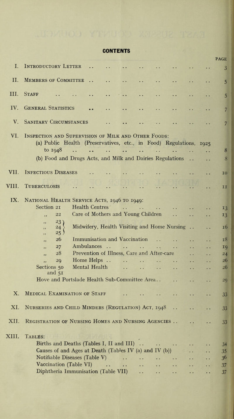 CONTENTS PAGE I. Introductory Letter .. .. .. .. .. .. .. .. 3 II. Members of Committee .. .. .. .. .. .. .. .. 3 III. Staff • 5 IV. General Statistics .. .. .. .. .. .. .. .. 7 V. Sanitary Circumstances 7 VI. Inspection and Supervision of Milk and Other Foods: (a) Public Health (Preservatives, etc., in Food) Regulations, 1925 to 1948 8 (b) Food and Drugs Acts, and Milk and Dairies Regulations .. .. 8 VII. Infectious Diseases 10 VIII. Tuberculosis ii IX. National Health Service Acts, 1946 to 1949: Section 21 Health Centres .. .. .. .. .. .. 13 ,, 22 Care of Mothers and Young Children . . .. .. 13 23) ,, 24 > Midwifery, Health Visiting and Home Nursing . . . . 16 „ 25 ) ,, 26 Immunisation and Vaccination . . . . . . . . 18 ,, 27 Ambulances .. .. .. . . .. .. .. 19 ,, 28 Prevention of Illness, Care and After-care . . . . 24 „ 29 Home Helps .. .. .. .. .. .. . . 26 Sections 50 Mental Health .. . . . . . . . . .. 26 and 51 Hove and Portslade Health Sub-Committee Area. . . . . . . . 29 X. Medical Examination of Staff .. .. .. .. .. .. 33 XI. Nurseries and Child Minders (Regulation) Act, 1948 .. .. .. 33 XII. Registration of Nursing Homes and Nursing Agencies .. .. ., 33 XIII. Tables: Births and Deaths (Tables I, II and III) .. .. .. .. .. 34 Causes of and Ages at Death (Tables IV (a) and IV (b)) .. .. 35 Notifiable Diseases (Table V) .. .. .. .. .. .. 36 Vaccination (Table VI) .. .. .. .. .. .. .. 37