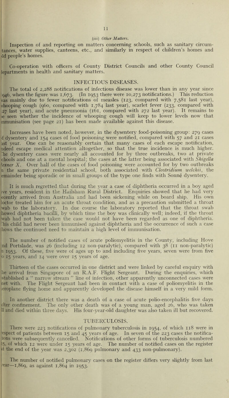 {in) Other Matters. Inspection of and reporting on matters concerning schools, such as sanitary circum- tances, water supplies, canteens, etc., and similarly in respect of children’s homes and i'ld people’s homes. ; Co-operation with officers of County District Councils and other County Council jlepartments in health and sanitary matters. I INFECTIOUS DISEASES. The total of 2,288 notifications of infectious disease was lower than in any year since 1946, when the figure was 1,673. (In 1953 there were 10,273 notifications.) This reduction tvas mainly due to fewer notifications of measles (123, compared with 7,581 last year), ivhooping cough (960, compared with 1,784 last year), scarlet fever (233, compared with 27 last year), and acute pneumonia (161, compared with 272 last year). It remains to |)e seen whether the incidence of whooping cough will keep to lower levels now that mmunisation (see page 21) has been made available against this disease. I Increases have been noted, however, in the dysentery food-poisoning group: 279 cases I'f dysentery and 154 cases of food poisoning were notified, compared with 57 and 21 cases 1st year. One can be reasonably certain that many cases of each escape notification, jndeed escape medical attention altogether, so that the true incidence is much higher, 'he dysentery cases were nearly all accounted for by three outbreaks, two at private ichools and one at a mental hospital; the cases at the latter being associated with Shigella fexner X. Over half of the cases of food poisoning were accounted for by two outbreaks a the same private residential school, both associated with Clostridium welchii, the emainder being sporadic or in small groups of the type one finds with Sonne dysentery. It is much regretted that during the year a case of diphtheria occurred in a boy aged jive years, resident in the Hailsham Rural District. Enquiries showed that he had very lecently arrived from Australia and had been sickening while on board ship. His own iioctor treated him for an acute throat condition, and as a precaution submitted a throat jwab to the laboratory. In due course the laboratory reported that the throat swab bowed diphtheria bacilli, by which time the boy was clinically well; indeed, if the throat wab had not been taken the case would not have been regarded as one of diphtheria. *'his child had never been immunised against diphtheria and the occurrence of such a case jhows the continued need to maintain a high level of immunisation. ■ The number of notified cases of acute poliomyelitis in the County, including Hove *nd Portslade, was 26 (including 12 non-paralytic), compared with 38 (ii non-paralytic) ■* 1953- Of these, five were of ages up to and including five years, seven were from five 0 15 years, and 14 were over 15 years of age. Thirteen of the cases occurred in one district and were linked by careful enquiry with he arrival from Singapore of an R.A.F. Flight Sergeant. During the enquiries, which stablished a “ narrow stream ” line of infection, other apparently unconnected cases were net with. The Flight Sergeant had been in contact with a case of poliomyelitis in the .emplane flying home and apparently developed the disease himself in a very mild form. In another district there was a death of a case of acute polio-encephalitis five days ifter confinement. The only other death was of a young man, aged 26, who was taken II and died within three days. His four-year-old daughter was also taken ill but recovered. TUBERCULOSIS. There were 223 notifications of pulmonary tuberculosis in 1954, of which 118 were in espect of patients between 15 and 45 5'ears of age. In seven of the 223 cases the notifica- ions were subsequently cancelled. Notifications of other forms of tuberculosis numbered 1^5, of which 12 were under 15 years of age. The number of notified cases on the register it the end of the year was 2,302 (1,869 pulmonary and 433 non-pulmonary). The number of notified pulmonary cases on the register differs very slightly from last par—1,869, against 1,864 i953- 1