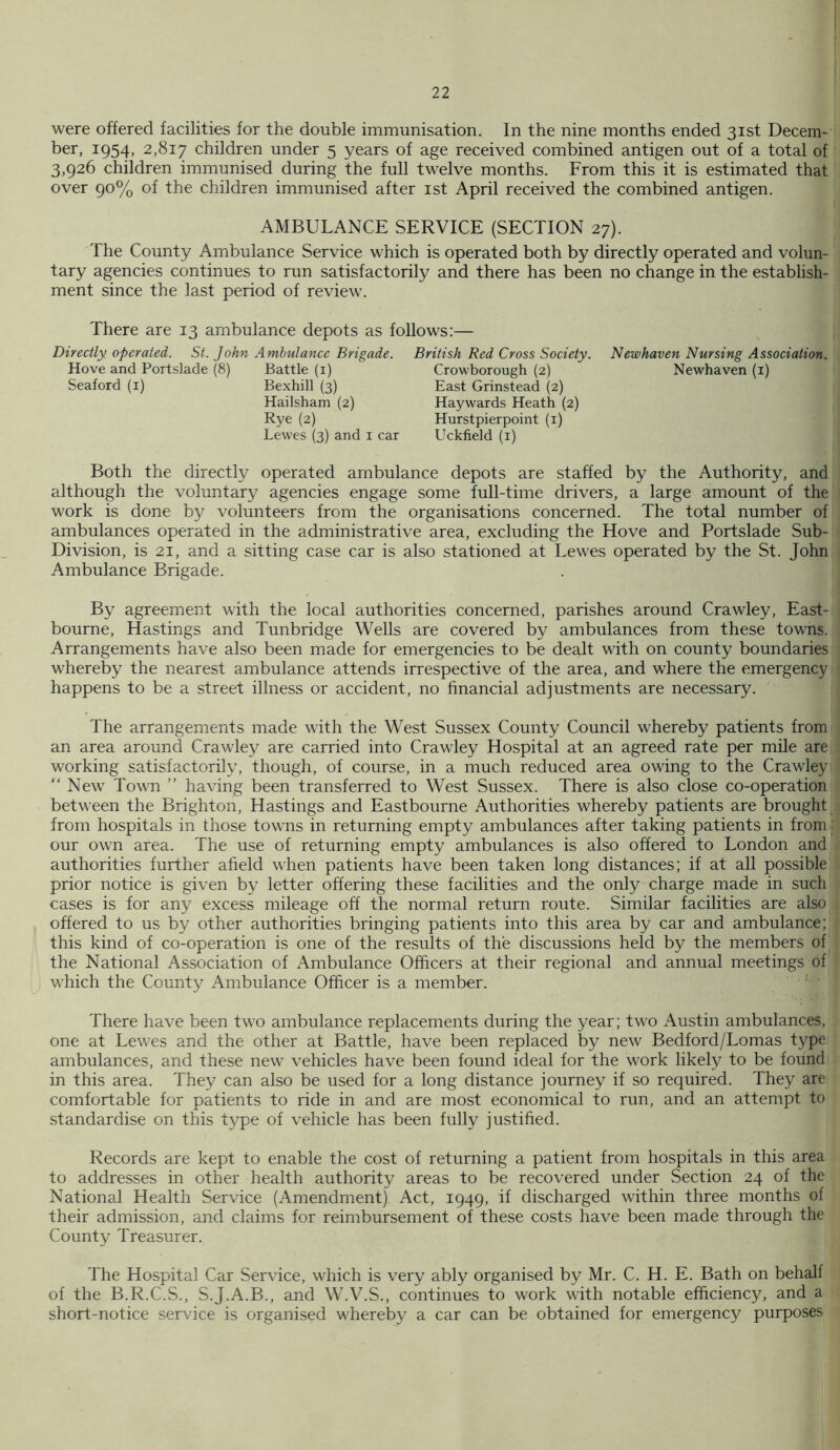 were offered facilities for the double immunisation. In the nine months ended 31st Decem- ber, 1954, 2,817 children under 5 years of age received combined antigen out of a total of 3,926 children immunised during the full twelve months. From this it is estimated that over 90% of the children immunised after ist April received the combined antigen. AMBULANCE SERVICE (SECTION 27). The County Ambulance Service which is operated both by directly operated and volun- tary agencies continues to run satisfactorily and there has been no change in the establish- ment since the last period of review. There are 13 ambulance depots as follows:— Directly operated. St. John Ambulance Brigade. Hove and Portslade (8) Battle (i) Seaford (i) Bexhill (3) Hailsham (2) Rye (2) Lewes (3) and i car British Red Cross Society. Crowborough (2) East Grinstead (2) Haywards Heath (2) Hurstpierpoint (i) Uckfield (i) Newhaven Nursing Association. Newhaven (i) Both the directly operated ambulance depots are staffed by the Authority, and although the voluntary agencies engage some full-time drivers, a large amount of the work is done by volunteers from the organisations concerned. The total number of ambulances operated in the administrative area, excluding the Hove and Portslade Sub- Division, is 21, and a sitting case car is also stationed at Lewes operated by the St. John Ambulance Brigade. By agreement with the local authorities concerned, parishes around Crawley, East- bourne, Hastings and Tunbridge Wells are covered by ambulances from these towns. Arrangements have also been made for emergencies to be dealt with on county boundaries whereby the nearest ambulance attends irrespective of the area, and where the emergency happens to be a street illness or accident, no financial adjustments are necessary. The arrangements made with the West Sussex County Council whereby patients from an area around Crawley are carried into Crawley Hospital at an agreed rate per mile are working satisfactorily, though, of course, in a much reduced area owing to the Crawley “ New Town ” having been transferred to West Sussex. There is also close co-operation between the Brighton, Hastings and Eastbourne Authorities whereby patients are brought from hospitals in those towns in returning empty ambulances after taking patients in from our own area. The use of returning empty ambulances is also offered to London and authorities further afield when patients have been taken long distances; if at all possible prior notice is given by letter offering these facilities and the only charge made in such cases is for any excess mileage off the normal return route. Similar facilities are also offered to us by other authorities bringing patients into this area by car and ambulance; this kind of co-operation is one of the results of the discussions held by the members of the National Association of Ambulance Officers at their regional and annual meetings of which the County Ambulance Officer is a member. There have been two ambulance replacements during the year; two Austin ambulances, one at Lewes and the other at Battle, have been replaced by new Bedford/Lomas type ambulances, and these new vehicles have been found ideal for the work likely to be found in this area. They can also be used for a long distance journey if so required. They are comfortable for patients to ride in and are most economical to run, and an attempt to standardise on this type of vehicle has been fully justified. Records are kept to enable the cost of returning a patient from hospitals in this area to addresses in other health authorit}^ areas to be recovered under Section 24 of the National Health Service (Amendment) Act, 1949, if discharged within three months of their admission, and claims for reimbursement of these costs have been made through the County Treasurer. The Hospital Car Service, which is very ably organised by Mr. C. H. E. Bath on behalf of the B.R.C.vS., S.J.A.B., and W.V.S., continues to work with notable efficiency, and a short-notice service is organised whereby a car can be obtained for emergency purposes