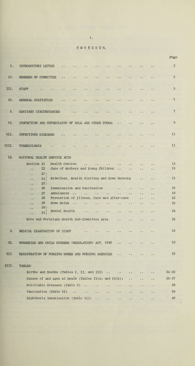 CONTENTS. Page I. INTRODUCTORY LETTER 2 II. MEMBERS OF COMMITTEE 5 III. STAFF 5 IV. GENERAL STATISTICS 7 V. SANITARY CIRCUMSTANCES 7 VI. INSPECTION AND SUPERVISION OP MILK AND OTHER POODS: 9 VII. INFECTIOUS DISEASES ' 11 VIII. TUBERCULOSIS 11 IX. NATIONAL HEALTH SERVICE ACTS Section 21 Health Centres .. .. .. .. .. .. .. 13 ,, 22 Care of Mothers and Young children .. .. .. .. 13 ,. 2?) 24.] Midwifery, Health Visiting and Home Nursing .. .. 15 ,, 25) ,, 26 Immunisation and Vaccination .. ., .. .. 16 ,, 27 Ambulances .. .. .. .. .. .. .. .. 18 28 Prevention of Illness, Care and After-care .. .. 22 ,, 29 Home Helps .. .. .. .. .. .. .. ., 23 ., 50) Cl ) Mental Health .. .. .. .. .. .. .. 24 t t ^ ^ ) Hove and Portslade Health Sub-Committee Area .. .. .. .. 28 X. MEDICAL EXAMINATION OF STAFF . • 33 XI. NURSERIES AND CHILD MINDERS (REGULATION) ACT, 1948 33 XII. REGISTRATION OP NURSING HOMES AND NURSING AGENCIES 33 XIII. TABLES: Births and Deaths (Tables I, II, and III) .. .. .. .. .. 34-35 Causes of and Ages at Death (Tables IV(a) and IV(b)) .. .. .. 36-37 Notifiable Diseases (Table V) .. .. .. .. ,. .. 38 Vaccination (Table VI) .. .. .. .. .. .. .. .. 39 Diphtheria immunisation (Table VII) 40