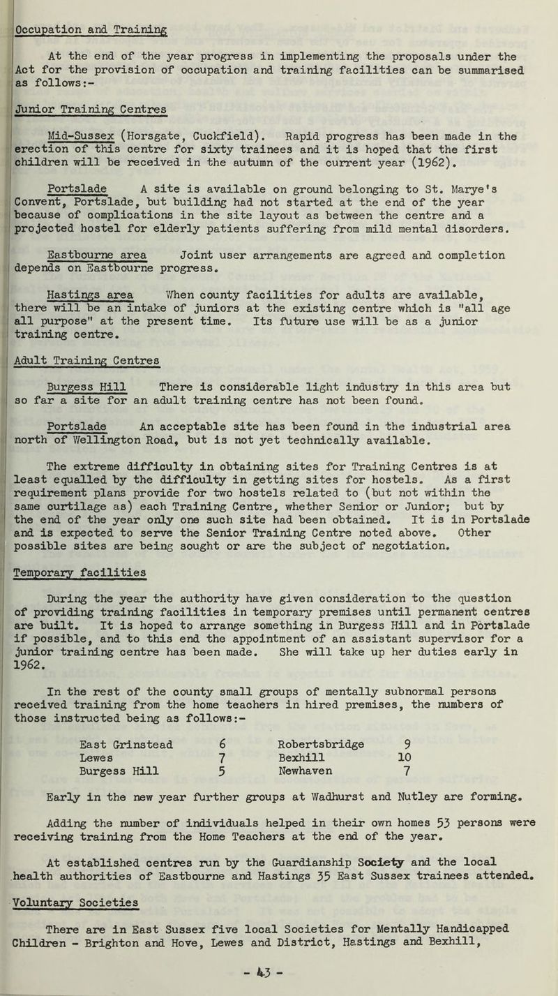 Occupation and Training At the end of the year progress in implementing the proposals under the Act for the provision of occupation and training facilities can he summarised as follows Junior Training Centres Mid-Sussex (Horsgate, Cuckfield). Rapid progress has been made in the erection of this centre for sixty trainees and it is hoped that the first children will be received in the autumn of the current year (1962). Portslade A site is available on ground belonging to St. Marye's Convent, Portslade, but building had not started at the end of the year because of complications in the site layout as between the centre and a projected hostel for elderly patients suffering from mild mental disorders. Eastbourne area Joint user arrangements are agreed and completion depends on Eastbourne progress. Hastings area VHien county facilities for adults are available, there will be an intake of juniors at the existing centre which is all age all purpose at the present time. Its future use will be as a junior training centre. Adult Training Centres Burgess Hill There is considerable light industry in this area but so far a site for an adult training centre has not been found. Portslade An acceptable site has been found in the industrial area north of Vfellington Road, but is not yet technically available. The extreme difficulty in obtaining sites for Training Centres is at least equalled by the difficulty in getting sites for hostels. As a first requirement plans provide for two hostels related to (but not within the same curtilage as) each Training Centre, whether Senior or Junior; but by the end of the year only one such site had been obtained. It is in Portslade and is expected to seirve the Senior Training Centre noted above. Other possible sites are being sought or are the subject of negotiation. Temporary facilities During the year the authority have given consideration to the question of providing training facilities in temporary premises until permanent centres are built. It is hoped to arrange something in Burgess Hill and in Portslade if possible, and to this end the appointment of an assistant supervisor for a junior training centre has been made. She will take up her duties early in 1962. In the rest of the county small groups of mentally subnormal persons received training from the home teachers in hired premises, the numbers of those instructed being as follows:- East Grinstead 6 Robertsbridge 9 Lewes 7 Bexhill 10 Burgess Hill 5 Newhaven 7 Early in the new year further groups at Wadhurst and Nutley are forming. Adding the number of individuals helped in their own homes 53 persons were receiving training from the Home Teachers at the end of the year. At established centres run by the Guardianship Society and the local health authorities of Eastbourne and Hastings 35 East Sussex trainees attended. Voluntary Societies There are in East Sussex five local Societies for Mentally Handicapped Children - Brighton and Hove, Lewes and District, Hastings and Bexhill,