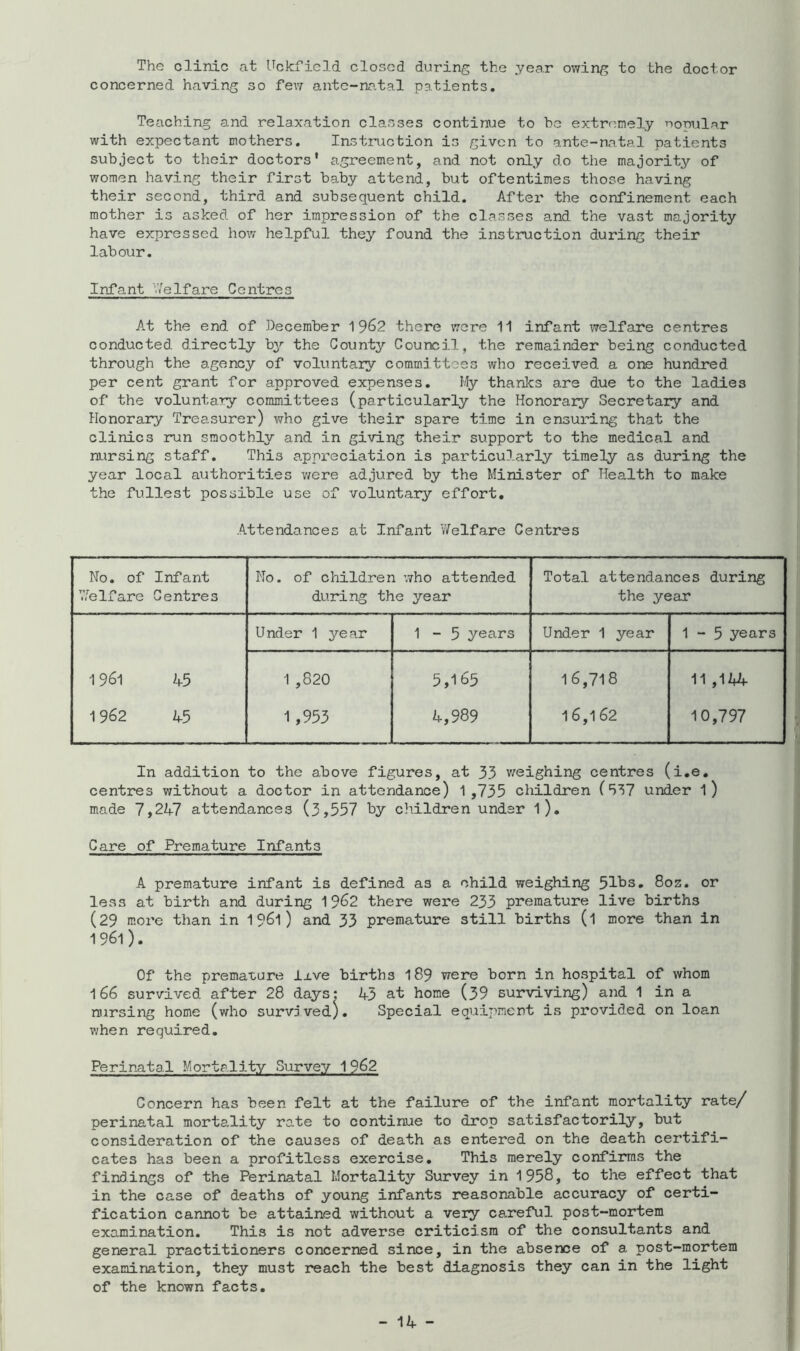 The clinic at Uckficld closed during the year owing to the doctor concerned having so few ante-natal patients. Teaching and relaxation classes continue to he extremely nopular with expectant mothers. Instnaction is given to ante-natal patients subject to their doctors' agreement, and not only do the majority of women having their first baby attend, but oftentimes those having their second, third and subsequent child. After the confinement each mother is asked of her impression of the classes and the vast majority have expressed how helpful they found the instruction during their labour. Infant V/elfare Centres At the end of December 19^2 there were 11 infant welfare centres conducted directly by the County Council, the remairder being conducted through the agency of voluntary committees who received a one hundred per cent grant for approved expenses. My thanks are due to the ladies of the voluntary committees (particularly the Honorary .Secretary and Honorary Treasurer) who give their spare time in ensuring that the clinics run smoothly and in giving their support to the medical and nursing staff. This appreciation is particularly timely as during the year local authorities v/ere adjured by the Minister of Health to make the fullest possible use of voluntary effort. Attendances at Infant V/elfare Centres No, of Infant Vfelfare Centres No. of children who attended during the year Total attendances during the year U nder 1 ye ar 1 - 5 years Under 1 year 1-5 years 1961 45 1 ,820 5,165 16,718 11 ,144 1962 45 1,953 4,989 16,162 10,797 In addition to the above figures, at 33 v/eighing centres (i.e. centres without a doctor in attendance) 1 ,735 children (337 under l) made 7,2A7 attendances (3,557 l^y children under l). Care of Premature Infants A premature irfant is defined as a child weighing 51l3s, 8oz. or less at birth and during 19^2 there were 233 premature live births (29 more than in 19^1) and 33 premature still births (l more than in 1961). Of the premature Ixve births 189 were born in hospital of whom 166 survived after 28 days: 43 at home (39 surviving) and 1 in a nursing home (who survived). Special equipment is provided on loan v/hen required. Perinatal Mortality .Survey 1962 Concern has been felt at the failure of the infant mortality rate/ perinatal mortality ro.te to continue to drop satisfactorily, but consideration of the causes of death as entered on the death certifi- cates has been a profitless exercise. This merely confirms the findings of the Perinatal Mortality Survey in 1958, to the effect that in the case of deaths of young infants reasonable accuracy of certi- fication cannot be attained without a very ca^reful post-mortem examination. This is not adverse criticism of the consultants and general practitioners concerned since, in the absence of a post-mortem examination, they must reach the best diagnosis they can in the light of the known facts.