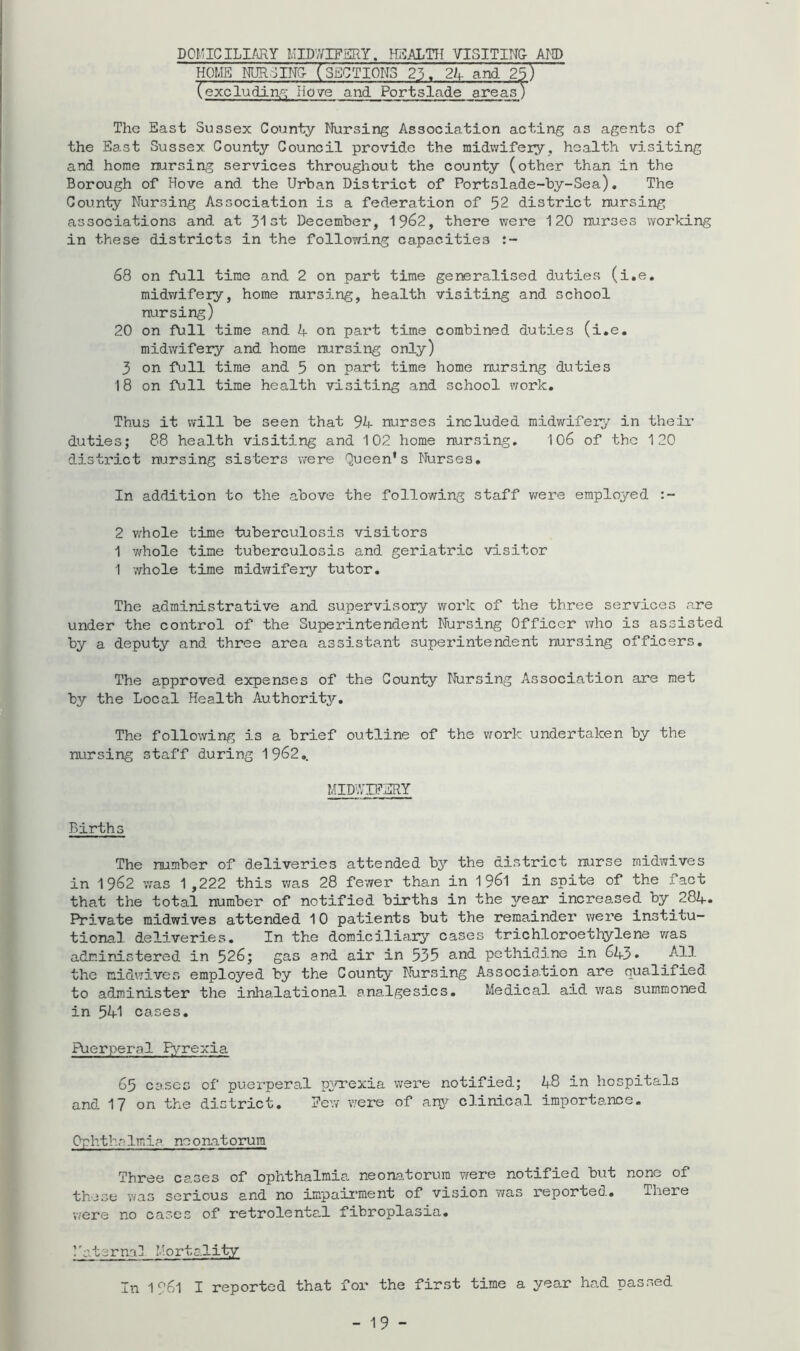 DOMICILI/iRY MIPmgRY. HiSALTH VISITING- AMD HOME NURSING- (SECTIONS 23. 2h. and 25') (exclu'din.^^ Hoye and Portslade areas) The East Sussex County Nursing Association acting as agents of the East Sussex County Council provide the midwifeiy, health visiting and home nursing services throughout the county (other than in the Borough of Hove and the Urban District of Portslade-by-Sea), The County Nursing Association is a federation of 52 district nursing associations and at 31st December, 19^2, there were 120 nurses working in these districts in the following capacities 68 on full time and 2 on part time generalised duties (i.e, midwifery, home nursing, health visiting and school nursing) 20 on full time and A on part time combined duties (i.e. midwifery and home nursing only) 3 on full time and 5 on part time home nursing duties 18 on full time health visiting and school work. Thus it will be seen that 9A nurses included midwifer;)’' in their duties; 88 health visiting and 102 home nursing. 106 of the 120 district nursing sisters were Queen's Nurses. In addition to the above the following staff were employed 2 v/hole time tuberculosis visitors 1 whole time tuberculosis and geriatric visitor 1 whole time midwifery tutor. The administrative and supervisory work of the three services are under the control of the Superintendent Nursing Officer who is assisted by a deputy and three area assistant superintendent nursing officers. The approved expenses of the County Nursing Association are met by the Local Health Authorit3''. The following is a brief outline of the work undertaken by the nursing staff during 1962,. MIDIVID’ERY Births The number of deliveries attended by the district nurse midwives in 1962 was 1 ,222 this was 28 fev/er than in 1 96I in spite of the fact that the total number of notified births in the year increased by^28A. Private midwives attended 10 patients but the remainder v/ere institu- tional deliveries. In the domiciliary cases trichloroetliylene v^as administered in 526; gas and air in 535 and pethidine in 6A3. /-ll the midwives employed by the County Nursing Association are qualified to administer the inha,lational ana-lgesics. Medical aid vms summoned in 5A1 cases. Puerperal Pyrexia 65 cases of puerperal pjerexia were notified; l+Q in hospitals and 17 on the district. Eev/ were of any clinical importance. Ophthalmia neonatorum Three cases of ophthalmia neonatorum were notified but none of these v/as serious and no impaii'ment of vision was reported. There v/ere no cases of retrolental fibroplasia. 1'aterna] Mortality In 1?6l I reported that for the first time a year had passed