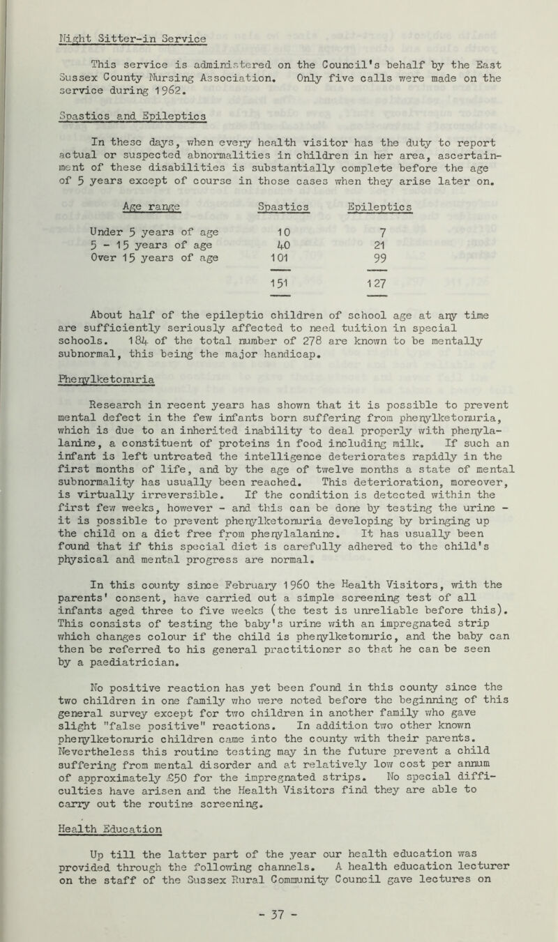 Ni.g:ht Sitter-in Service This service is administered on the Council's behalf by the East Sussex County Nursing Association, Only five calls v;ere made on the service during 1962, Spastics and Epileptics In these days, when every health visitor has the duty to report actual or suspected abnormalities in children in her area, ascertain- ment of these disabilities is substantially complete before the age of 5 years except of course in those cases when they arise later on. Age range Spastics Epileptics Under 5 years of age 10 7 5-15 years of age 40 21 Over 15 years of age 101 99 151 127 About half of the epileptic children of school age at any time are sufficiently seriously affected to need tuition in special schools, 184 of the total number of 278 are known to be mentally subnormal, this being the major handicap. Phenylketonuria Research in recent years has shov/n that it is possible to prevent mental defect in the few infants born suffering from pheryllcetonuria, which is due to an inherited inability to deal properly with phenyla- lanine, a constituent of proteins in food including milk. If such an infant is left untreated the intelligence deteriorates rapidly in the first months of life, and by the age of twelve months a state of mental subnormalily has usually been reached. This deterioration, moreover, is virtually irreversible. If the condition is detected within the first fev; weeks, however - and this can be done by testing the urine - it is possible to prevent pherylketonuria developing by bringing up the child on a diet free from phenylalanine. It has usually been found that if this special diet is carefully adhered to the child's physical and mental progress are normal. In this county since February i960 the Health Visitors, with the parents* consent, have carried out a simple screening test of all infants aged three to five weeks (the test is unreliable before this). This consists of testing the baby's urine v/ith an impregnated strip v^hich changes colour if the child is pherylketonuric, and the baby can then be referred to his general practitioner so that he can be seen by a paediatrician. No positive reaction has yet been found in this county since the two children in one family who were noted before the beginning of this general survey except for two children in another family v/ho gave slight false positive reactions. In addition two other known pherylketonuric children came into the county with their parents. Nevertheless this routine testing may in the future prevent a child suffering from mental disorder and at relatively low cost per annum of approximately £^0 for the impregnated strips. No special diffi- culties have arisen and the Health Visitors find they are able to cany out the routine screening. Health Education Up till the latter part of the year our health education was provided through the following channels, A health education lecturer on the staff of the Sussex Rural Community Council gave lectures on