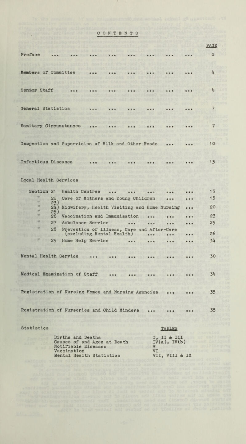 CONTENTS Preface Members of Committee Sen±<or Staff General Statistics Sanitary Circvunstances Inepection and Supervision of Milk and Other Poods Infectious Diseases Local Health Services Section 21 II II II II II II II 22 23 24 25 26 27 28 29 Health Centres ... ••• ..e ••• Care of Mothers and Young Children ••• Midwifery, Health Visiting and Home Nursing Vaccination and Immunisation •«. ••• Ambulance Service .*• ... ... Prevention of Illness, Care and After-Care (excluding Mental Health) ... ... Home Help Service ... ... ... • • • • • • Mental Health Service Medical Examination of Staff Registration of Nursing Homes and Nursing Agencies Registration of Nurseries and Child Minders Statistics TABLES Births and Deaths Causes of and Agee at Death Notifiable Diseases Vaccination Mental Health Statistics I, II & III IV(a), IV(b) V VI. VII, VIII & IX PAGE 2 4 4 7 7 10 13 15 15 20 23 25 26 34 30 34 35 35
