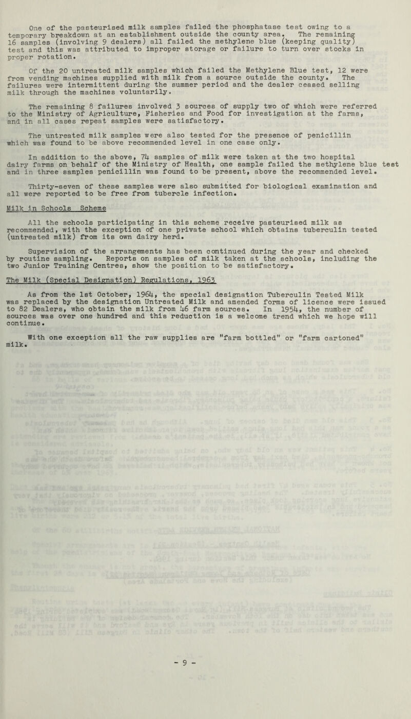 One of the pasteurised milk samples failed the phosphatase test owing to a temporary hreakdown at an establishment outside the county area. The remaining 16 samples (involving 9 dealers) all failed the methylene blue (keeping quality) test and this was attributed to improper storage or failure to turn over stocks in proper rotation. Of the 20 untreated milk samples which failed the Methylene Blue test, 12 were from vending machines supplied with milk from a source outside the county. The failures were intermittent during the summer period and the dealer ceased selling milk through the machines voluntarily. The remaining 8 failures involved 3 sources of supply two of which were referred to the Ministry of Agriculture, Fisheries and Pood for investigation at the farms, and in all cases repeat samples were satisfactory. The untreated milk samples were also tested for the presence of penicillin which was found to be above recommended level in one case only. In addition to the above, Ih samples of milk were taken at the two hospital dairy farms on behalf of the Ministry of Health, one sample failed the methylene blue test and in three samples penicillin was found to be present, above the recommended level. Thirty-seven of these samples were also submitted for biological examination and all were reported to be free from tubercle infection. Milk in Schools Scheme All the schools participating in this scheme receive pasteurised milk as recommended, with the exception of one private school which obtains tuberculin tested (untreated milk) from its own dairy herd. Supervision of the arrangements has been continued during the year and checked by routine sampling. Reports on samples of milk taken at the schools, including the two Junior Training Centres, show the position to be satisfactory. The Milk (Special Designation) Regulations, 1963 As from the 1st October, 1964, the special designation Tuberculin Tested Milk was replaced by the designation Untreated Milk and amended forms of licence were Issued to 82 Dealers, who obtain the milk from 46 farm sources. In 1954, the number of sources was over one hundred and this reduction is a welcome trend which we hope will continue. With one exception all the raw supplies are farm bottled or farm cartoned milk.