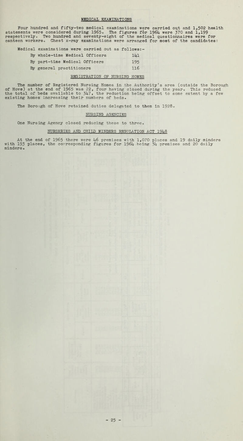 MEDICAL EXAMINATIONS Pour hundred and fifty-two medical examinations were carried out and lp502 health statements were considered during 1965o The figures for 1964 were 370 and 1»199 respectivelyo Two hundred and seventy-eight of the medical questionnaires were for canteen workerso Chest x-ray examinations were arranged for most of the candidates; Medical examinations were carried out as follows;- By whole-time Medical Officers l4l By part-time Medical Officers 195 By general practitioners 116 REGISTRATION OF NIIRSING HOMES The n\imher of Registered Nursing Homes in the Authority's area (outside the Borough of Hove) at the end of 1965 was 22, four having closed during the yearo This reduced the total of beds available to 347» the reduction being offset to some extent by a few existing homes increasing their numbers of beds. The Borough of Hove retained duties delegated to them in 1928. NURSING AGENCIES One Nursing Agency closed reducing these to three. NURSERIES AND CHILD MINDERS REGULATION ACT 1948 At the end of 1965 there were 46 premises with 1,070 places and 19 daily minders with 193 places, the corresponding figures for 1964 being 34 premises and 20 daily minders.