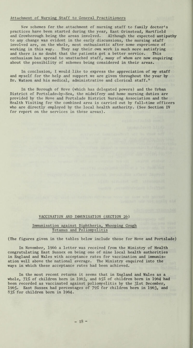 Attachment of Nursing Staff to General Practitioners New schemes for the attachment of nursing staff to family doctor's practices have been started during the year. East Grinstead, Hartfield and Crowborough being the areas involved. Although the expected antipathy to any change was evident in the early discussions, the nursing staff involved are, on the whole, most enthusiastic after some experience of working in this way. They say their own work is much more satisfying and there is no doubt that the patients get a better service. This enthusiasm has spread to unattached staff, many of whom are now enquiring about the possibility of schemes being considered in their areas. In conclusion, I would like to express the appreciation of my staff and nyself for the help and support we are given throughout the year by Dr. Watson and his medical, administrative and clerical staff. In the Borough of Hove (which has delegated powers) and the Urban District of Portslade-by-Sea, the midwifery and home nursing duties are prx)vided by the Hove and Portslade District Nursing Association and the Health Visiting for the combined area is carried out by full-time officers who are directly employed by the local health authority. (See Section IV for report on the services in these areas). VACCINATION AND IMMUNISATION (SECTION 26) Immunisation against Diphtheria, Whooping Cough Tetanus and Poliomyelitis (The figures given in the tables below include those for Hove and Portslade) In November, I966 a letter was received from the Ministry of Health congratulating East Sussex on being one of nine local health authorities in England cuid Wales with acceptance rates for vaccination and immunis- ation well above the national average. The Ministry enquired into the ways in which these acceptance rates had been achieved. In the most recent returns it seems that in England and Wales as a whole, 71^ of children bom in 1963> and 6S% of children bom in I964 had been recorded as vaccinated against polion^relitis by the 31st December, 1965. East Sussex had percentages of 79% for children bom in 1963> and 83^ for children bom in I964.