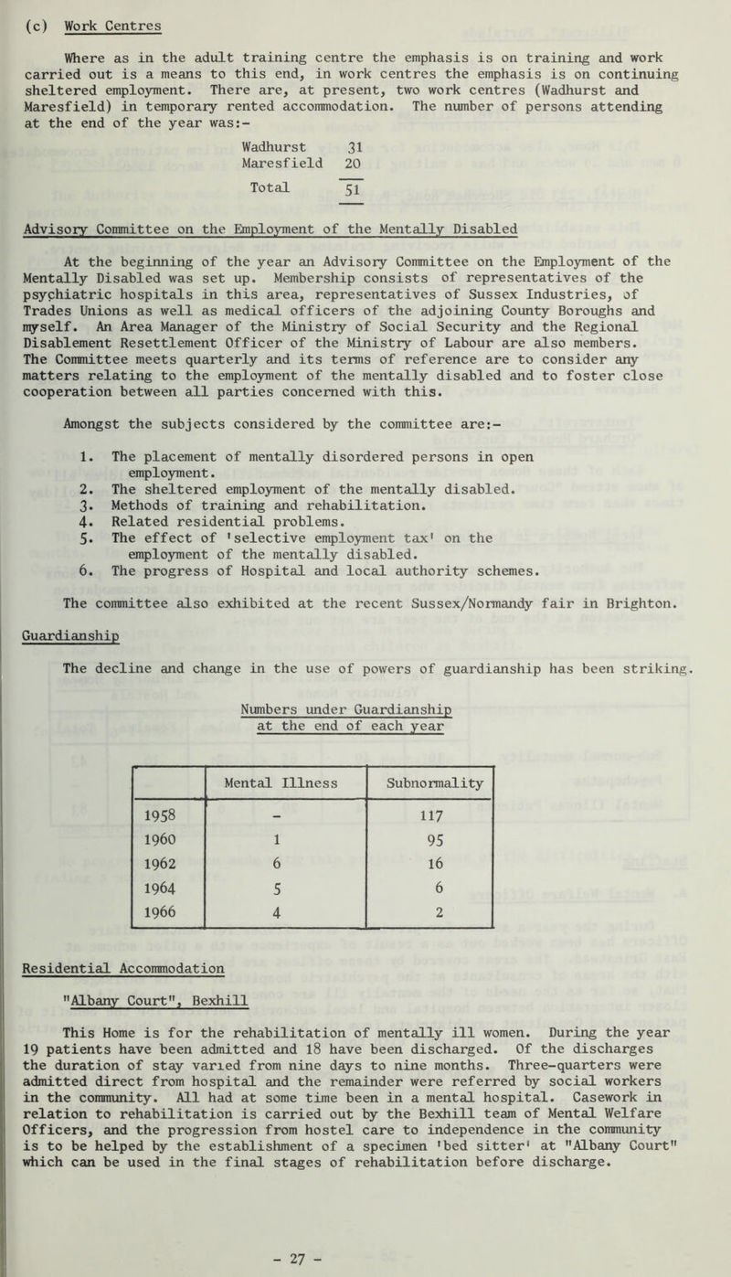 (c) Work Centres Where as in the adult training centre the emphasis is on training and work carried out is a means to this end, in work centres the emphasis is on continuing sheltered employment. There are, at present, two work centres (Wadhurst and Maresfield) in temporary rented accommodation. The number of persons attending at the end of the year was:- Wadhurst 31 Maresfield 20 Total 51 Advisory Committee on the Employment of the Mentally Disabled At the beginning of the year an Advisory Committee on the Employment of the Mentally Disabled was set up. Membership consists of representatives of the psychiatric hospitals in this area, representatives of Sussex Industries, of Trades Unions as well as medical officers of the adjoining County Boroughs and nyself. An Area Manager of the Ministry of Social Security and the Regional Disablement Resettlement Officer of the Ministry of Labour are also members. The Committee meets quarterly and its terns of reference are to consider any matters relating to the emplo3rment of the mentally disabled and to foster close cooperation between all parties concerned with this. Amongst the subjects considered by the committee are:- 1. The placement of mentally disordered persons in open emplo3rment. 2. The sheltered employment of the mentally disabled. 3. Methods of training and rehabilitation. 4. Related residential problems. 5. The effect of 'selective emplo3rment tax' on the employment of the mentally disabled. 6. The progress of Hospital and local authority schemes. The committee also exhibited at the recent Sussex/Normandy fair in Brighton. Guardianship The decline and change in the use of powers of guardianship has been striking. Numbers under Guardianship at the end of each year Mental Illness Subnormality 1958 - 117 i960 1 95 1962 6 16 1964 5 6 1966 4 2 Residential Accommodation AlbcUiy Court, Bexhill This Home is for the rehabilitation of mentally ill women. During the year 19 patients have been admitted and 18 have been discharged. Of the discharges the duration of stay varied from nine days to nine months. Three-quarters were admitted direct from hospital and the remainder were referred by social workers in the community. All had at some time been in a mental hospital. Casework in relation to rehabilitation is carried out by the Bexhill team of Mental Welfare Officers, and the progression from hostel care to independence in the community is to be helped by the establishment of a specimen 'bed sitter' at Albany Court which can be used in the final stages of rehabilitation before discharge.
