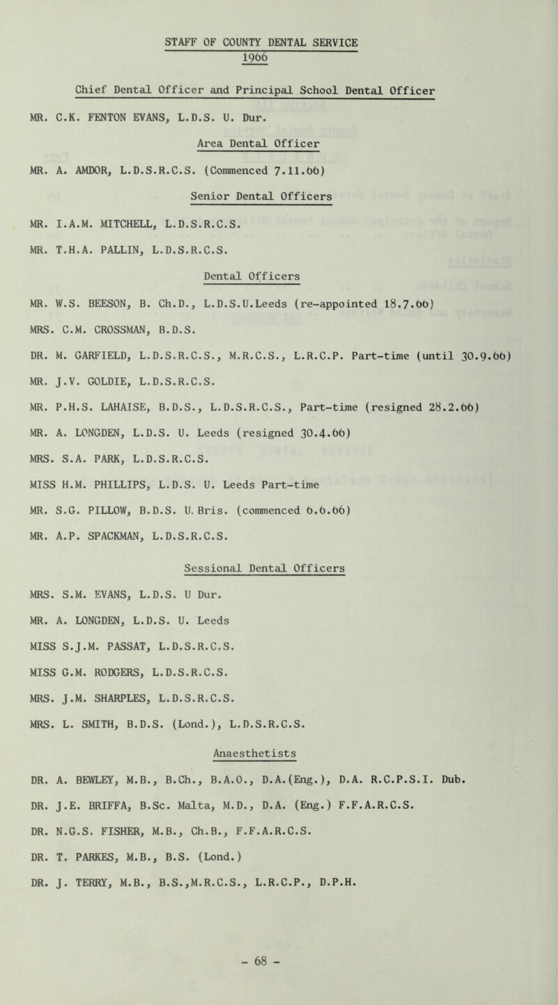 STAFF OF COUNTY DENTAL SERVICE 1966 Chief Dental Officer and Principal School Dental Officer MR. C.K. FENTON EVANS, L.D.S. U. Dur. Area Dental Officer MR. A. AMDOR, L.D.S.R.C.S. (Commenced 7*11*66) Senior Dental Officers MR. I.A.M. MITCHELL, L.D.S.R.C.S. MR. T.H.A. PALLIN, L.D.S.R.C.S. Dental Officers MR. W.S. BEESON, B. Ch.D., L.D.S.U.Leeds (re-appointed 18.7*60) MRS. C.M. CROSSMAN, B.D.S. DR. M. GARFIELD, L.D.S.R.C.S., M.R.C.S., L.R.C.P. Part-time (until 30.9.66) MR. J.V. GOLDIE, L.D.S.R.C.S. MR. P.H.S. LAHAISE, B.D.S., L.D.S.R.C.S., Part-time (resigned 28.2.96) MR. A. LONGDEN, L.D.S. U. Leeds (resigned 30.4*66) MRS. S.A. PARK, L.D.S.R.C.S. MISS H.M. PHILLIPS, L.D.S. U. Leeds Part-time MR. S.G. PILLOW, B.D.S. U. Bris. (commenced 6.5.66) MR. A.P. SPACEMAN, L.D.S.R.C.S. Sessional Dental Officers MRS. S.M. EVANS, L.D.S. U Dur. MR. A. LONGDEN, L.D.S. U. Leeds MISS S.J.M. PASSAT, L.D.S.R.C.S. MISS G.M. RODGERS, L.D.S.R.C.S. MRS. J.M. SHARPLES, L.D.S.R.C.S. MRS. L. SMITH, B.D.S. (Lond.), L.D.S.R.C.S. Anaesthetists DR. A. BEWLEY, M.B., B.Ch., B.A.O., D.A.(Eng.), D.A. R.C.P.S.I. Dub. DR. J.E. BRIFFA, B.Sc. Malta, M.D., D.A. (Eng.) F.F.A.R.C.S. DR. N.G.S. FISHER, M.B., Ch.B., F.F.A.R.C.S. DR. T. PARKES, M.B., B.S. (Lond.) DR. J. TERRY, M.B., B.S.,M.R.C.S., L.R.C.P., D.P.H.
