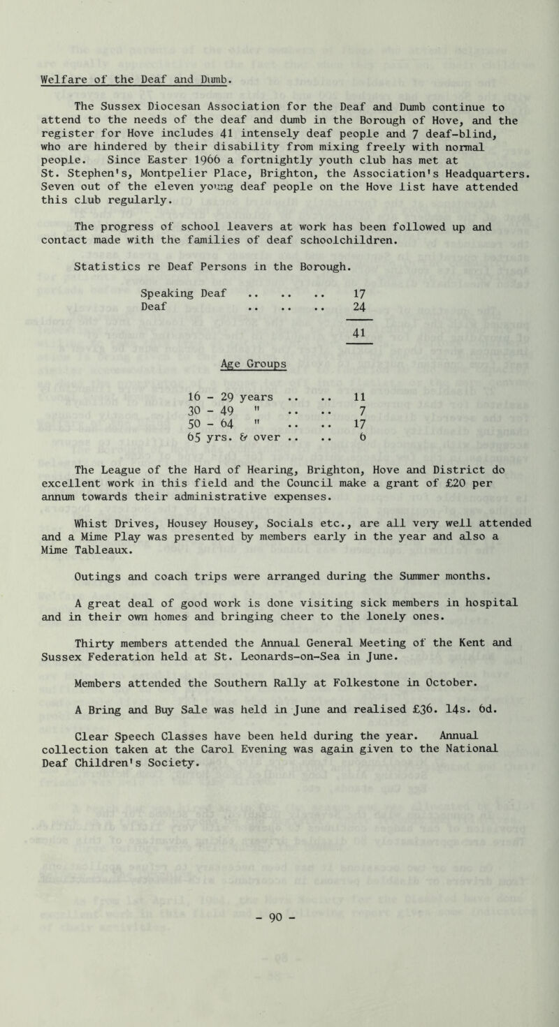 Welfare of the Deaf and Dumb. The Sussex Diocesan Association for the Deaf and Dumb continue to attend to the needs of the deaf and dumb in the Borough of Hove, and the register for Hove includes 41 intensely deaf people and 7 deaf-blind, who are hindered by their disability from mixing freely with normal people. Since Easter 1966 a fortnightly youth club has met at St. Stephen’s, Montpelier Place, Brighton, the Association's Headquarters. Seven out of the eleven yotuig deaf people on the Hove list have attended this club regularly. The progress of school leavers at work has been followed up and contact made with the families of deaf schoolchildren. Statistics re Deaf Persons in the Borough. Speaking Deaf 17 Deaf 24 41 Age Groups 16 - 29 years • • 11 30-49  • • 7 50-64  • • 17 55 yrs. & over .. • • 5 The League of the Hard of Hearing, Brighton, Hove and District do excellent work in this field and the Council make a grant of £20 per annum towards their administrative expenses. Whist Drives, Housey Housey, Socials etc., are all very well attended and a Mime Play was presented by members early in the year and also a Mime Tableaux. Outings and coach trips were arranged during the Summer months. A great deal of good work is done visiting sick members in hospital and in their own homes and bringing cheer to the lonely ones. Thirty members attended the Annual General Meeting of the Kent and Sussex Federation held at St. Leonards-on-Sea in June. Members attended the Southern Rally at Folkestone in October. A Bring and Buy Sale was held in June and realised £36. 14s. 6d. Clear Speech Classes have been held during the year. Annual collection taken at the Carol Evening was again given to the National Deaf Children's Society.