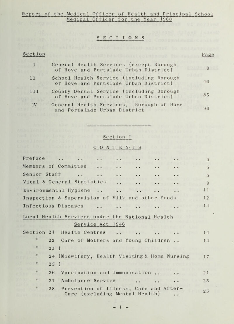 Report of the Medical Officer of Health and Principal Medical Officer for the Year 1968 SECTIONS Section 1 General Health Services (except Borough of Hove and Portslade Urban District) II School Health Service (including Borough of Hove and Portslade Urban District) III County Dental Service (including Borough of Hove and Portslade Urban District) IV General Health Services. Borough of Hove and Portslade Urban District Section I CONTEN-TS Pref ace Members of Committee Senior Staff Vital & General Statistics Environmental Hygiene Inspection & Supervision of Milk and other Foods Infectious Diseases Local Health Services under the National Health Service Act 1946 Section 21 Health Centres 22 Care of Mothers and Young Children .. 23 ) 24 )Midwifery, Health Visiting & Home Nursing 25 ) 26 Vaccination and Immunisation .. 27 Ambulance Service . . . . » . 28 Prevention of Illness, Care and After- Care (excluding Mental Health) School Page 8 46 83 96 3 5 5 9 1 1 1 2 14 14 14 1 7 2 1 23 25