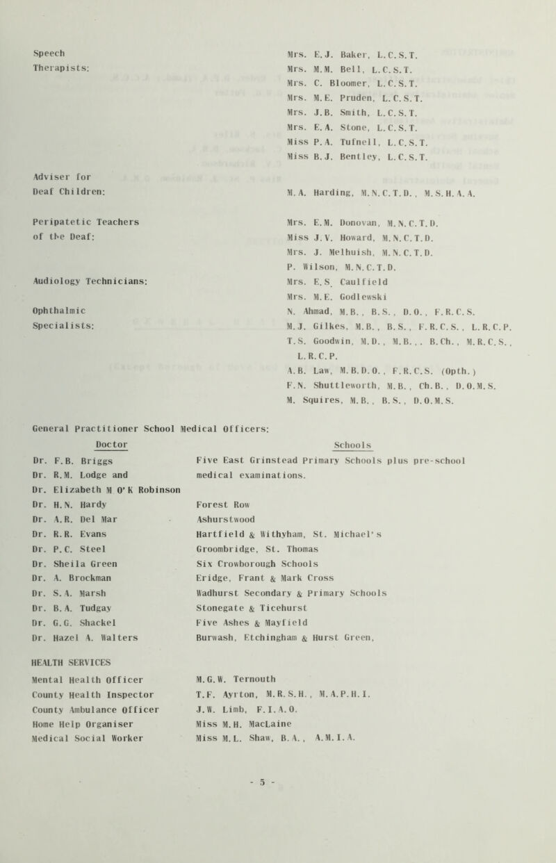 Speech Therapists: Mrs. E. J. Baker, L.C.S. T. Mrs. M.M. Bell, L.C.S.T. Mrs. C. Bloomer, L.C.S.T. Mrs. M. E. Pruden, L.C.S.T. Mrs. J.B. Smith, L.C.S.T. Mrs. E. A. Stone, L.C.S.T. Miss P. A. Tufnell, L.C.S.T. Miss B.J. Bentley, L.C.S.T. Adviser for Deaf Children: M. A. Harding, M.N.C.T.D. , M.S. H. A. A. Peripatetic Teachers of the Deaf: Audiology Technicians: Ophthalmic Specialists: Mrs. E.M. Donovan, M.N.C.T.D. Miss J. V. Howard, M.N.C.T.D. Mrs. J. Melhuish, M.N.C.T.D. P. Wilson, M.N.C.T.D. Mrs. E. S Caulfield Mrs. M.E. Godlewski N. Ahmad, M.B., B. S. , D.O. , F.R.C. S. M.J. Gilkes, M.B., B. S. , F.R.C.S., L.R.C.P. T.S. Goodwin, M.D., M.B. ,. B.Ch., M.R. C.S. , L.R.C.P. A. B. Law, M.B. D.O. , F.R.C.S. (Opth. ) E.N. Shuttleworth, M.B. , Ch.B. , D.O. M.S. M. Squires, M. B. , B. S. , D.O.M.S. General Practitioner School Medical Officers: Doctor Schools Dr. F.B. Briggs Dr. R.M. Lodge and Dr. Elizabeth M O’K Robinson Dr. H.N. Hardy Dr. A.R. Del Mar Dr. R.R. Evans Dr. P.C. Steel Dr. Sheila Green Dr. A. Brockman Dr. S. A. Marsh Dr. B. A. Tudgay Dr. G.G. Shackel Dr. Hazel A. Walters Five East Grinstead Primary Schools plus pre-school medical examinations. Forest Row Ashurstwood Hartfield & Withyham, St. Michael’s Groombridge, St. Thomas Six Crowborough Schools Eridge, Frant & Mark Cross Wadhurst Secondary & Primary Schools Stonegate & Ticehurst Five Ashes & Mayfield Burwash, Etchingham & Hurst Green, HEALTH SERVICES Mental Health Officer County Health Inspector County Ambulance Officer Home Help Organiser Medical Social Worker M.G.W. Ternouth T.F. Ayrton, M.R. S. H. , M.A.P.H.I. J.W. Limb, F.I.A.O. Miss M.H. MacLaine Miss M.L. Shaw, B. A. , A.M. I. A.