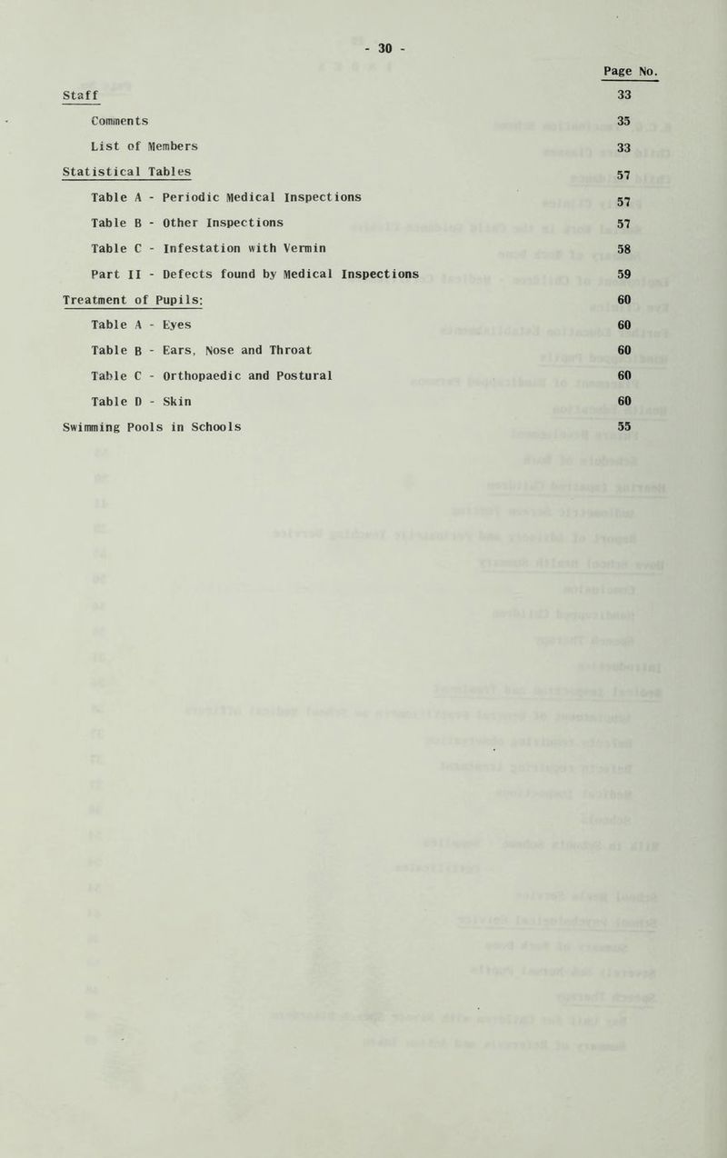 Page No. Staff 33 Comments 35 List of Members 33 Statistical Tables 57 Table A - Periodic Medical Inspections 57 Table B - Other Inspections 57 Table C - Infestation with Vermin 58 Part II - Defects found by Medical Inspections 59 Treatment of Pupils: 60 Table A - Eyes 60 Table B - Ears, Nose and Throat 60 Table C - Orthopaedic and Postural 60 Table D - Skin 60 Swimming Pools in Schools 55