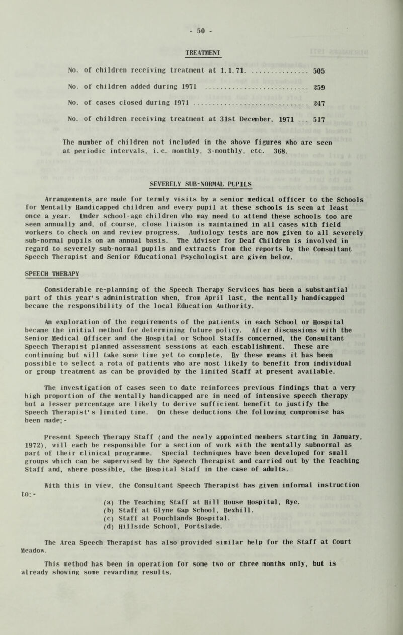 TREATMENT No. of children receiving treatment at 1.1.71 505 No. of children added during 1971 259 No. of cases closed during 1971 247 No. of children receiving treatment at 31st December, 1971 ... 517 The number of children not included in the above figures who are seen at periodic intervals, i.e. monthly, 3-monthly, etc. 368. SEVERELY SUBNORMAL PUPILS Arrangements.are made for termly visits by a senior medical officer to the Schools for Mentally Handicapped children and every pupil at these schools is seen at least once a year. Under school-age children who may need to attend these schools too are seen annually and, of course, close liaison is maintained in all cases with field workers to check on and review progress. Audiology tests are now given to all severely sub-normal pupils on an annual basis. The Adviser for Deaf Children is involved in regard to severely sub-normal pupils and extracts from the reports by the Consultant Speech Therapist and Senior Educational Psychologist are given below. SPEECH THERAPY Considerable re-planning of the Speech Therapy Services has been a substantial part of this year’s administration when, from April last, the mentally handicapped became the responsibility of the local Education Authority. An exploration of the requirements of the patients in each School or Hospital became the initial method for determining future policy. After discussions with the Senior Medical Officer and the Hospital or School Staffs concerned, the Consultant Speech Therapist planned assessment sessions at each establishment. These are continuing but will take some time yet to complete. By these means it has been possible to select a rota of patients who are most likely to benefit from individual or group treatment as can be provided by the limited Staff at present available. The investigation of cases seen to date reinforces previous findings that a very high proportion of the mentally handicapped are in need of intensive speech therapy but a lesser percentage are likely to derive sufficient benefit to justify the Speech Therapist’s limited time. On these deductions the following compromise has been made:- Present Speech Therapy Staff (and the newly appointed members starting in January, 1972), will each be responsible for a section of work with the mentally subnormal as part of their clinical programme. Special techniques have been developed for small groups which can be supervised by the Speech Therapist and carried out by the Teaching Staff and. where possible, the Hospital Staff in the case of adults. With this in view, the Consultant Speech Therapist has given informal instruction to; - (a) The Teaching Staff at Hill House Hospital, Rye. (b) Staff at Glyne Gap School, Bexhill. (c) Staff at Pouchlands Hospital. (d) Hillside School, Portslade. The Area Speech Therapist has also provided similar help for the Staff at Court Meadow. This method has been in operation for some two or three months only, but is already showing some rewarding results.