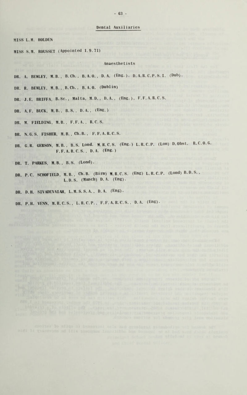 Dental Auxiliaries MISS L.M. HOLDEN MISS S.M. ROUSSET (Appointed 1.9.71) Anaesthetists DR. A. BEWLEY, M.B., B.Ch., B. A.0., D. A. (Eng.), D. A.R.C.P.S.I. (Dub). DR. R. BEWLEY, M.B.,. B.Ch., B.A.0, (Dublin) DR. J.E. BRIFFA, B. Sc. , Malta, M.D., D. A. , (Eng.), F.F. A. R.C.S. DR. A. F. BECK, M. B., B.S., D.A., (Eng.) DR. M. FIELDING, M.B. , F.F. A., R.C.S. DR. N.G. S. FISHER, M. B. , Ch. B. , F.F. A. R.C.S. DR. G.R. GERSON, M. B. , B.S. Lond. M. R.C.S. (Eng.) L.R. C.P. (Lon) D.Obst. F.F. A. R. C.S. , D. A. (Eng.) DR. T. PARKES, M.B., B.S. (Lond). DR. P.C. SCHOFIELD, M. B. , Ch.B. (Birm) M.R.C.S. (Eng) L.R.C.P. (Lond)B.D L.D.S. (Manch) D. A. (Eng). DR. D.H. SIVADEVAIAH, L.M.S. S. A. , D. A. (Eng). DR. P.H. VENN, M.R.C.S., L.R.C.P., F. F. A. R. C. S. , D. A. (Eng). .C.O.G.