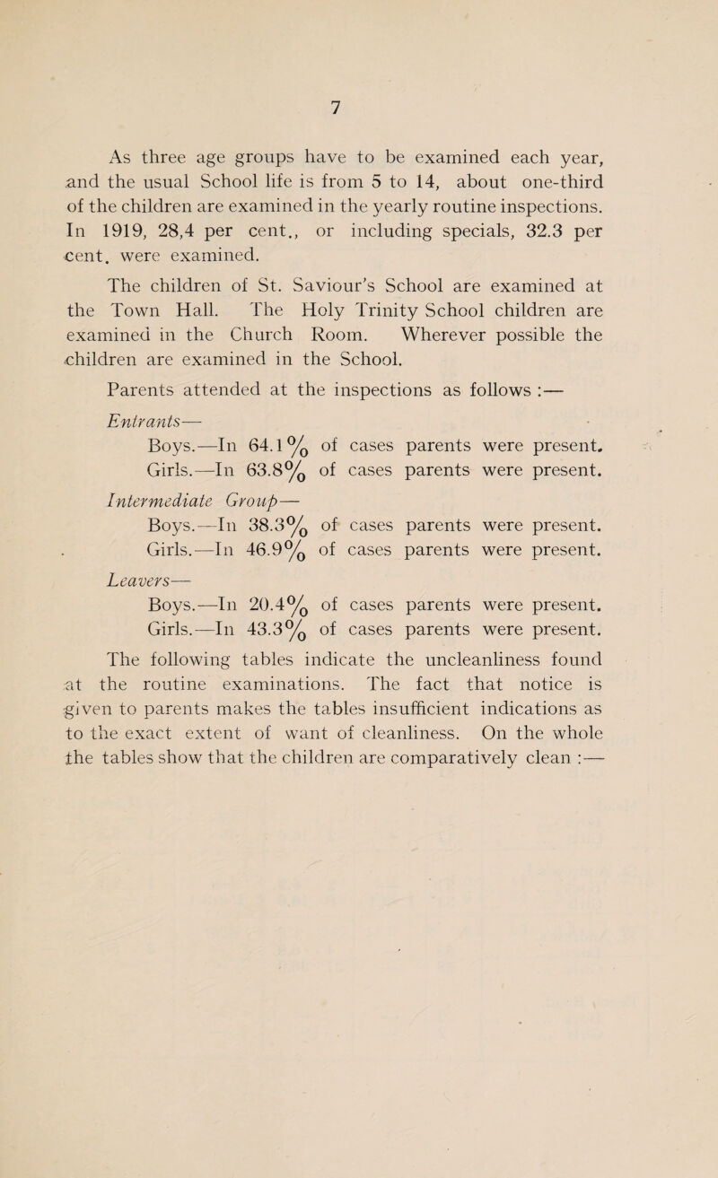 As three age groups have to be examined each year, and the usual School life is from 5 to 14, about one-third of the children are examined in the yearly routine inspections. In 1919, 28,4 per cent., or including specials, 32.3 per cent, were examined. The children of St. Saviour’s School are examined at the Town Hall. The Holy Trinity School children are examined in the Church Room. Wherever possible the children are examined in the School. Parents attended at the inspections as follows :— Entrants— Boys.—In 64.1% of cases parents were present. Girls.—In 63.8% of cases parents were present. Intermediate Group— Boys.—In 38.3% of cases parents were present. Girls.—In 46.9% of cases parents were present. Leavers— Boys.—In 20.4% of cases parents were present. Girls.—In 43.3% of cases parents were present. The following tables indicate the uncleanliness found at the routine examinations. The fact that notice is given to parents makes the tables insufficient indications as to the exact extent of want of cleanliness. On the whole the tables show that the children are comparatively clean : —