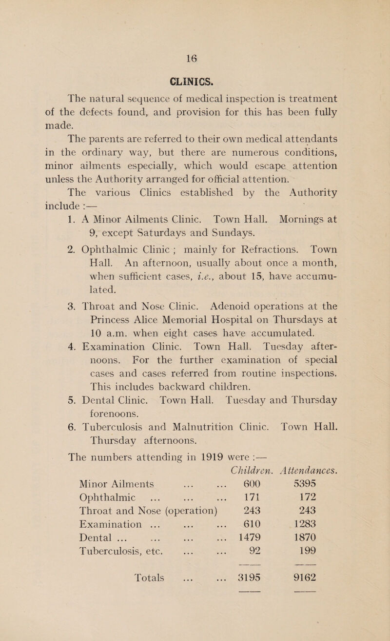 CLINICS. The natural sequence of medical inspection is treatment of the defects found, and provision for this has been fully made. The parents are referred to their own medical attendants in the ordinary way, but there are numerous conditions, minor ailments especially, which would escape attention unless the Authority arranged for official attention. The various Clinics established by the Authority include :— 1. A Minor Ailments Clinic. Town Hall. Mornings at 9, except Saturdays and Sundays. 2. Ophthalmic Clinic ; mainly for Refractions. Town Hall. An afternoon, usually about once a month, when sufficient cases, i.e., about 15, have accumu¬ lated. 3. Throat and Nose Clinic. Adenoid operations at the Princess Alice Memorial Hospital on Thursdays at 10 a.m. when eight cases have accumulated. 4. Examination Clinic. Town Hall. Tuesday after¬ noons. For the further examination of special cases and cases referred from routine inspections. This includes backward children. 5. Dental Clinic. Town Hall. Tuesday and Thursday forenoons. 6. Tuberculosis and Malnutrition Clinic. Town Hall. Thursdav afternoons. The numbers attending in 1919 were :— Children. Attendances. Minor Ailments 600 5395 Ophthalmic 171 172 Throat, and Nose (operation) 243 243 Examination ... 610 1283 Dental ... 1479 1870 Tuberculosis, etc. 92 199 Totals 3195 9162