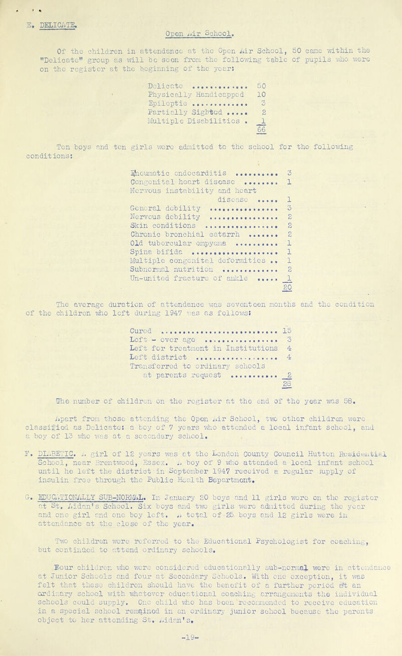 DELICi'^TE. Open iiir School Of the children in attendance at the Open iar School, 50 cane vdthin the ’’Delicate” group as will be soon from the follovang table of pupils -*'ho. vjore on the register at the beginning of the year: Delicate 50 Physically Handicapped 10 Epileptic 3 Partially Sighted 2 Multiple Disabilities . 66 Ton boys and ton girls wore admitted to the school for the following conditions: ilhoumatic endocarditis 3 Congenital heart disease 1 Nervous instability and heart disease 1 General debility 3 Nervous debility 2 Skin conditions 2 Chronic bronchial catarrh 2 Old tubercular empyema 1 Spina bifida .................... 1 Multiple congenital deformities .. 1 Subnormal nutrition 2 Un-united fracture of aul-cle ..... 1 The average duration of attendance v;as seventeen months and the condition of the children who left during 1947 was ns follows! Cured ........................... 15 Left - over ago 3 Left for treatment in Institutions 4 Left district 4 Transferred to ordinary schools at parents request ........... __2 28 The number of children on the register at the end of the year was 58. Lpart from those attending the Open idr School, two other children were classified as Delicate: a boy of 7 years who attended a local infant school, and a boy of 13 who was at a secondary school. E. DliiBETIC. girl of 12 years was at the London County Council Hutton Residential School, near BrentxTOod, Essex. L boy of 9 who attended a local infant school until he left the district■in September 1947 received a regulan supply of insulin free through the Public Health Department. G. EDUCdTIONLLLY SUH-NORIvl/^L. In January 20 boys and 11 girls wore on the register at St, /iidan's School. Six boys and two girls were adtaittod during the year and one girl and one boy left, a total of 25. boys and 12 girls were in attendance at the close of the year. Two children were referred to the Educational Psychologist for coaching, but continued to attend ordinary schools. Eeur children vjho were considered educationally sub-norma^ were in attundauco at J'unior Schools and four at Secondary Schools. With one exception, it was felt that these children should have the benefit of a further period art; an ordinary school with whatever educational coaching arrangements the individual schools could supply. One child who has been'rcconmcnded to receive education in a special school rem.aincd in an ordinary junior school because the parents object to her attending St. i>idan’D. -19-