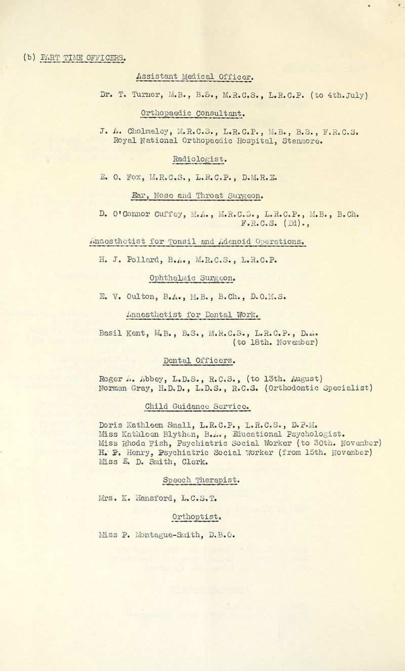 (b) PART TIME OFFICERS /t3_3ist_ant Medical Officer. Dr. T. Turner, M.B., B.S., M.R.C.S., L.R.C.P. (to 4th.July) Orthopaedic Consultant. T. it. Cholmeley, M.R.C.3., L.R. C.P. , M.B., B.S. , F.R.C.S. Royal National Orthopaedic Hospital, Stanmore. Radiologist. E. 0. Box, M.R.C.S. , L.R.C.P., D.M.R.E. Ear, Noso and Throat Surgeon. D. O’Connor Cuffey, M.A. , M.R.C.S., L.R.C.P., M.B., B.Ch. F.R.C.S. (Id)., anaesthetist for Tonsil and Ldenoid Operations. H. J. Pollard, B.L., M.R.C.S., L.R.C.P. OphthaLiiic Surgeon. S. ¥. Oulton, B.A., M.B. , B.Ch., D.O.M.3. Anaesthetist for Dental Work. Basil Kent, M.B., B.3., M.R.C.S., L.R.C.P., D.A. (to 18th. November) Dental Officers. Roger A. Abbey, L.D.S., R.C.S., (to 13th. August) Norman Gray, H.D.D., L.D.S., R.C.S. (Orthodontic Specialist) Child Guidance Service. Doris Kathleen Small, L.R.C.P., L.R.C.S., D.P.M. Miss Kathleen Blython, B.A., Educational Psychologist. Miss Rhoda Fish, Psychiatric Social Worker (to 30tli. November) H» P, Henry, Psychiatric Social Worker (from 15th. November) Miss E. D. Smith, Clerk. Speech Therapist. Mrs. K. Hansford, L.C.S.T. Orthoptist. Miss P. Montague-Snith, D.B.O