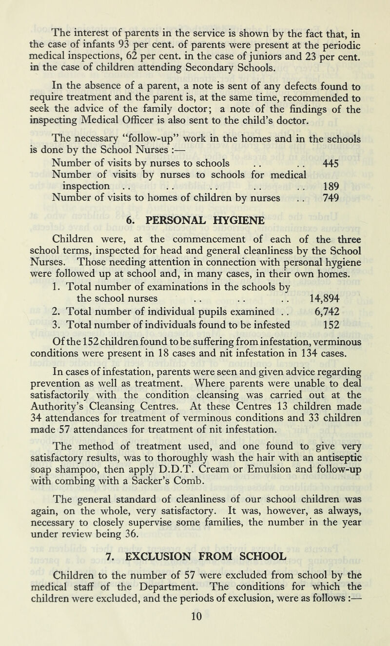 The interest of parents in the service is shown by the fact that, in the case of infants 93 per cent, of parents were present at the periodic medical inspections, 62 per cent, in the case of juniors and 23 per cent, in the case of children attending Secondary Schools. In the absence of a parent, a note is sent of any defects found to require treatment and the parent is, at the same time, recommended to seek the advice of the family doctor; a note of the findings of the inspecting Medical Officer is also sent to the child’s doctor. The necessary “follow-up” work in the homes and in the schools is done by the School Nurses :— Number of visits by nurses to schools .. . . 445 Number of visits by nurses to schools for medical inspection .. ., .. .. . . 189 Number of visits to homes of children by nurses . . 749 6. PERSONAL HYGIENE Children were, at the commencement of each of the three school terms, inspected for head and general cleanliness by the School Nurses. Those needing attention in connection with personal hygiene were followed up at school and, in many cases, in their own homes. 1. Total number of examinations in the schools by the school nurses .. .. .. 14,894 2. Total number of individual pupils examined .. 6,742 3. Total number of individuals found to be infested 152 Of the 152 children found to be suffering from infestation, verminous conditions were present in 18 cases and nit infestation in 134 cases. In cases of infestation, parents were seen and given advice regarding prevention as well as treatment. Where parents were unable to deal satisfactorily with the condition cleansing was carried out at the Authority’s Cleansing Centres. At these Centres 13 children made 34 attendances for treatment of verminous conditions and 33 children made 57 attendances for treatment of nit infestation. The method of treatment used, and one found to give very satisfactory results, was to thoroughly wash the hair with an antiseptic soap shampoo, then apply D.D.T. Cream or Emulsion and follow-up with combing with a Sacker’s Comb. The general standard of cleanliness of our school children was again, on the whole, very satisfactory. It was, however, as always, necessary to closely supervise some families, the number in the year under review being 36. 7. EXCLUSION FROM SCHOOL Children to the number of 57 were excluded from school by the medical staff of the Department. The conditions for which the children were excluded, and the periods of exclusion, were as follows :—