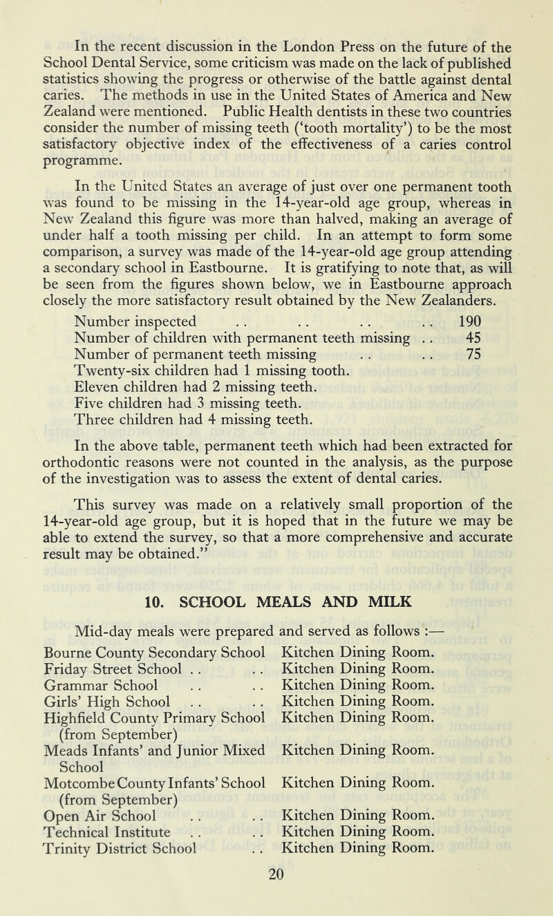 In the recent discussion in the London Press on the future of the School Dental Service, some criticism was made on the lack of published statistics showing the progress or otherwise of the battle against dental caries. The methods in use in the United States of America and New Zealand were mentioned. Public Health dentists in these two countries consider the number of missing teeth (‘tooth mortality’) to be the most satisfactory objective index of the effectiveness of a caries control programme. In the United States an average of just over one permanent tooth was found to be missing in the 14-year-old age group, whereas in New Zealand this figure was more than halved, making an average of under half a tooth missing per child. In an attempt to form some comparison, a survey was made of the 14-year-old age group attending a secondary school in Eastbourne. It is gratifying to note that, as will be seen from the figures shown below, we in Eastbourne approach closely the more satisfactory result obtained by the New Zealanders. Number inspected . . .. .. . . 190 Number of children with permanent teeth missing .. 45 Number of permanent teeth missing . . .. 75 Twenty-six children had 1 missing tooth. Eleven children had 2 missing teeth. Five children had 3 missing teeth. Three children had 4 missing teeth. In the above table, permanent teeth which had been extracted for orthodontic reasons were not counted in the analysis, as the purpose of the investigation was to assess the extent of dental caries. This survey was made on a relatively small proportion of the 14-year-old age group, but it is hoped that in the future we may be able to extend the survey, so that a more comprehensive and accurate result may be obtained.” 10. SCHOOL MEALS AND MILK Mid-day meals were prepared Bourne County Secondary School Friday Street School . . Grammar School Girls’ High School Highfield County Primary School (from September) Meads Infants’ and Junior Mixed School Motcombe County Infants’ School (from September) Open Air School Technical Institute Trinity District School and served as follows :— Kitchen Dining Room. Kitchen Dining Room. Kitchen Dining Room. Kitchen Dining Room. Kitchen Dining Room. Kitchen Dining Room. Kitchen Dining Room. Kitchen Dining Room. Kitchen Dining Room. Kitchen Dining Room.