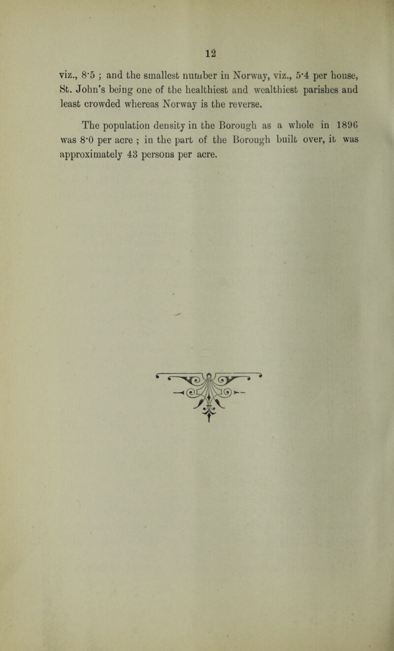 viz., 8*5 ; and the smallest number in Norway, viz., 5*4 per house, St. John’s being one of the healthiest and wealthiest parishes and least crowded whereas Norway is the reverse. The population density in the Borough as a whole in 189G was 8*0 per acre ; in the part of the Borough built over, it was approximately 43 persons per acre.