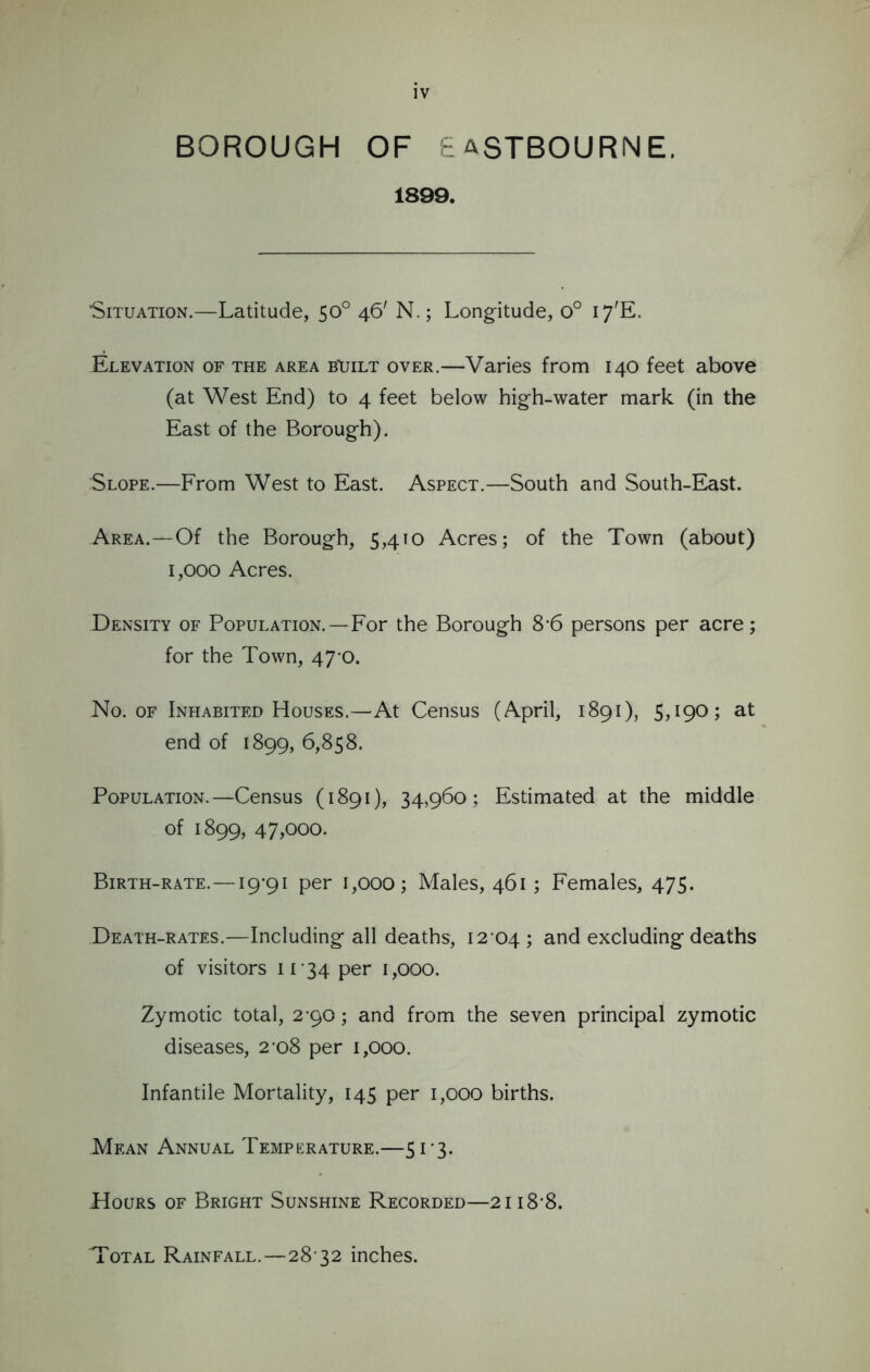 BOROUGH OF £aSTBOURNE. 1899. Situation.—Latitude, 50° 46' N.; Longitude, 0° 17E. Elevation of the area b\jilt over.—Varies from 140 feet above (at West End) to 4 feet below high-water mark (in the East of the Borough). Slope.—From West to East. Aspect.—South and South-East. Area.—Of the Borough, 5,410 Acres; of the Town (about) 1,000 Acres. Density of Population.—For the Borough 8-6 persons per acre; for the Town, 47-0. No. of Inhabited Houses.—At Census (April, 1891), 5,190; at end of 1899, 6,858. Population.—Census (1891), 34,960 ; Estimated at the middle of 1899, 47,000. Birth-rate.—19*91 per 1,000; Males, 461 ; Females, 475. Death-rates.—Including all deaths, 12 04; and excluding deaths of visitors 1134 per 1,000. Zymotic total, 2-90; and from the seven principal zymotic diseases, 2-08 per 1,000. Infantile Mortality, 145 per 1,000 births. Mean Annual Temperature.—51*3. Hours of Bright Sunshine Recorded—2118*8. Total Rainfall.—28 32 inches.