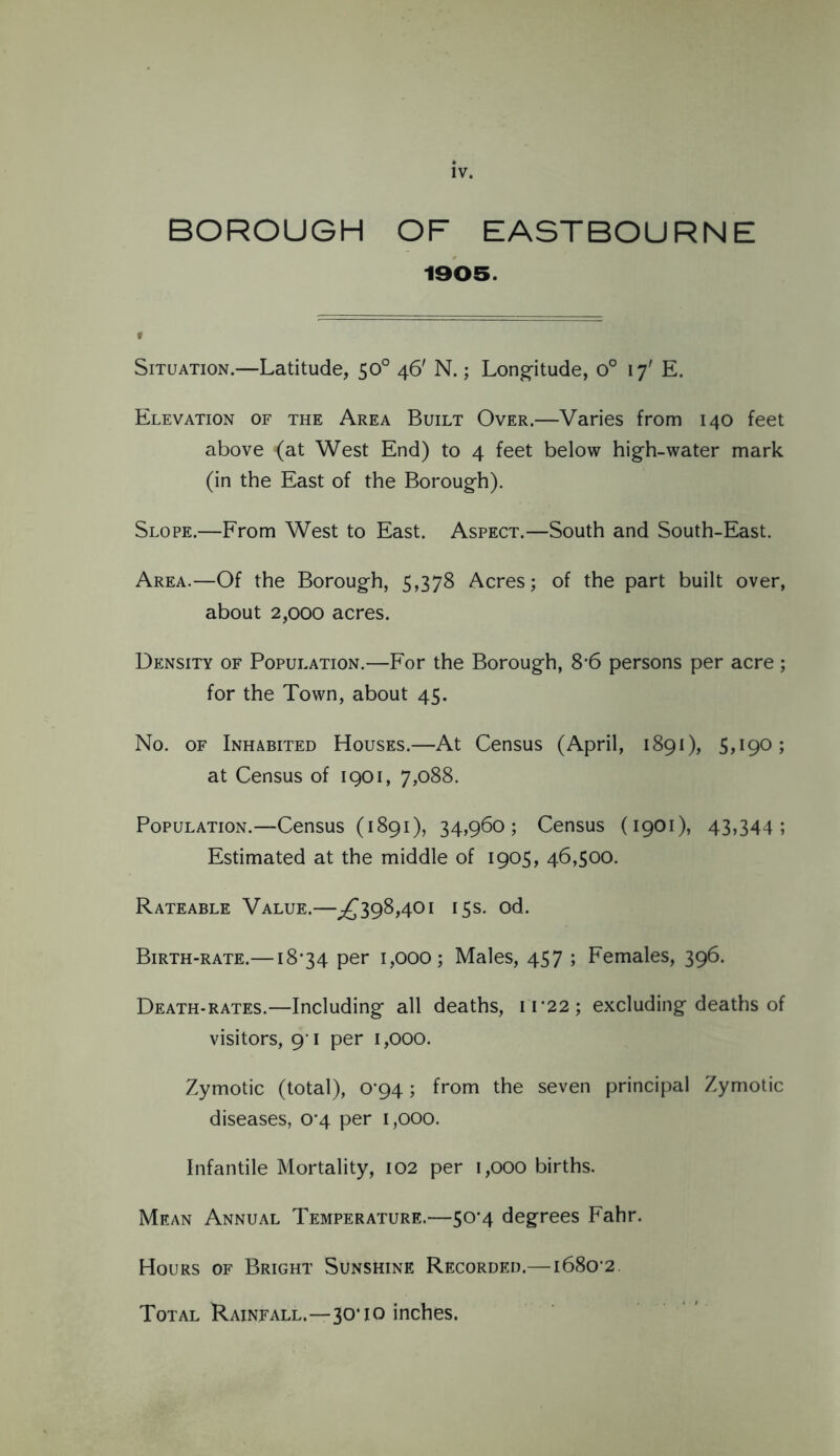 BOROUGH OF EASTBOURNE 1905. f Situation.—Latitude, 50° 46' N.; Longitude, o° 17' E. Elevation of the Area Built Over.—Varies from 140 feet above {at West End) to 4 feet below high-water mark (in the East of the Borough). Slope.—From West to East. Aspect.—South and South-East. Area.—Of the Borough, 5,378 Acres; of the part built over, about 2,000 acres. Density of Population.—For the Borough, 8-6 persons per acre ; for the Town, about 45. No. of Inhabited Houses.—At Census (April, 1891), $,190; at Census of 1901, 7,088. Population.—Census (1891), 34,960; Census (1901), 43,344; Estimated at the middle of 1905, 46,500. Rateable Value.—^398,401 15s. od. Birth-rate.—18*34 per 1,000; Males, 457 ; Females, 396. Death-rates.—Including all deaths, ii*22; excluding deaths of visitors, 91 per 1,000. Zymotic (total), 0*94; from the seven principal Zymotic diseases, 0*4 per 1,000. Infantile Mortality, 102 per 1,000 births. Mean Annual Temperature.—50*4 degrees Fahr. Hours of Bright Sunshine Recorded.—1680*2 Total Rainfall.—30*10 inches.