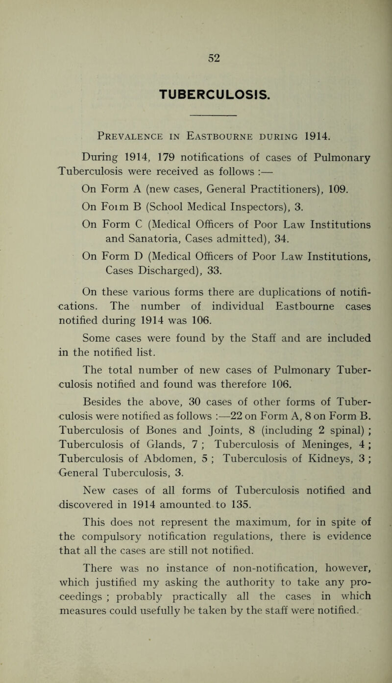 TUBERCULOSIS. Prevalence in Eastbourne during 1914. During 1914, 179 notifications of cases of Pulmonary Tuberculosis were received as follows :— On Form A (new cases, General Practitioners), 109. On Form B (School Medical Inspectors), 3. On Form C (Medical Officers of Poor Law Institutions and Sanatoria, Cases admitted), 34. On Form D (Medical Officers of Poor Law Institutions, Cases Discharged), 33. On these various forms there are duplications of notifi- cations. The number of individual Eastbourne cases notified during 1914 was 106. Some cases were found by the Staff and are included in the notified list. The total number of new cases of Pulmonary Tuber- culosis notified and found was therefore 106. Besides the above, 30 cases of other forms of Tuber- culosis were notified as follows :—-22 on Form A, 8 on Form B. Tuberculosis of Bones and Joints, 8 (including 2 spinal) ; Tuberculosis of Glands, 7 ; Tuberculosis of Meninges, 4 ; Tuberculosis of Abdomen, 5 ; Tuberculosis of Kidneys, 3 ; General Tuberculosis, 3. New cases of all forms of Tuberculosis notified and discovered in 1914 amounted to 135. This does not represent the maximum, for in spite of the compulsory notification regulations, there is evidence that all the cases are still not notified. There was no instance of non-notification, however, which justified my asking the authority to take any pro- ceedings ; probably practically all the cases in which measures could usefully be taken by the staff were notified.