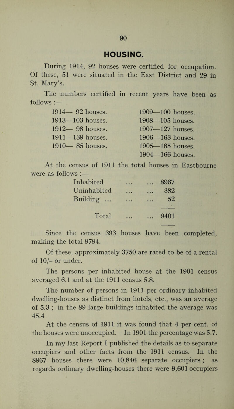 HOUSING. During 1914, 92 houses were certified for occupation. Of these, 51 were situated in the East District and 29 in St. Mary’s. The numbers certified in recent years have been as follows :— 1914— 92 houses. 1913—103 houses. 1912— 98 houses. 1911—139 houses. 1910— 85 houses. 1909—100 houses. 1908—105 houses. 1907—127 houses. 1906—163 houses. 1905—165 houses. 1904—166 houses. At the census of 1911 the total were as follows :— Inhabited Uninhabited Building ... houses in Eastbourne .. 8967 ... 382 52 Total 9401 Since the census 393 houses have been completed, making the total 9794. Of these, approximately 3750 are rated to be of a rental of 10/- or under. The persons per inhabited house at the 1901 census averaged 6.1 and at the 1911 census 5.8. The number of persons in 1911 per ordinary inhabited dwelling-houses as distinct from hotels, etc., was an average of 5.3 ; in the 89 large buildings inhabited the average was 45.4 At the census of 1911 it was found that 4 per cent, of the houses were unoccupied. In 1901 the percentage was 5.7. In my last Report I published the details as to separate occupiers and other facts from the 1911 census. In the 8967 houses there were 10,846 separate occupiers; as regards ordinary dwelling-houses there were 9,601 occupiers