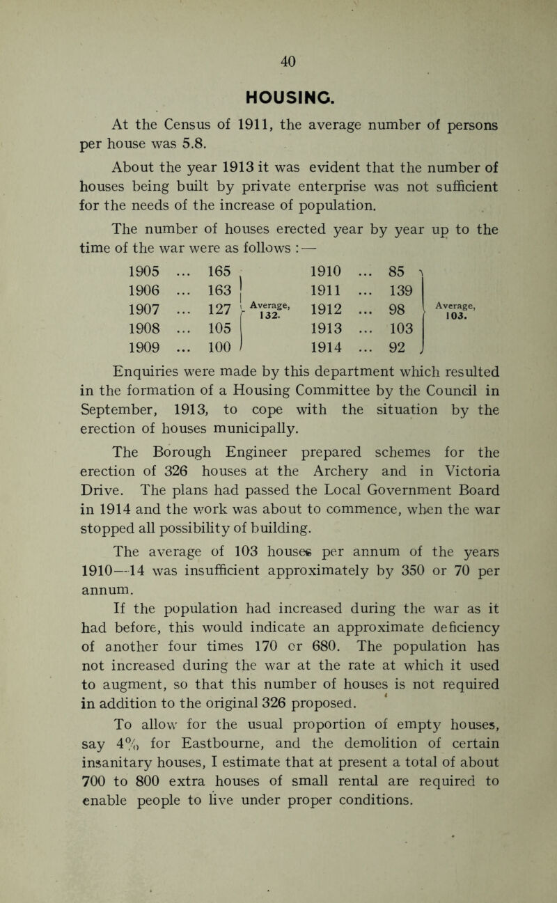 HOUSING. At the Census of 1911, the average number of persons per house was 5.8. About the year 1913 it was evident that the number of houses being built by private enterprise was not sufficient for the needs of the increase of population. The number of houses erected year by year up to the time of the war were as follows : — 1905 ... 165 1910 ... 85 ^ 1906 ... 163 j 1 1911 ... 139 1907 ... 127 : i Average, r 132. 1912 ... 98 1908 ... 105 1913 ... 103 1909 ... 100 1914 ... 92 , Average, 103. Enquiries were made by this department which resulted in the formation of a Housing Committee by the Council in September, 1913, to cope with the situation by the erection of houses municipally. The Borough Engineer prepared schemes for the erection of 326 houses at the Archery and in Victoria Drive. The plans had passed the Local Government Board in 1914 and the work was about to commence, when the war stopped all possibility of building. The average of 103 houses per annum of the years 1910—14 was insufficient approximately by 350 or 70 per annum. If the population had increased during the war as it had before, this would indicate an approximate deficiency of another four times 170 or 680. The population has not increased during the war at the rate at which it used to augment, so that this number of houses is not required in addition to the original 326 proposed. To allow for the usual proportion of empty houses, say 4% for Eastbourne, and the demolition of certain insanitary houses, I estimate that at present a total of about 700 to 800 extra houses of small rental are required to enable people to live under proper conditions.
