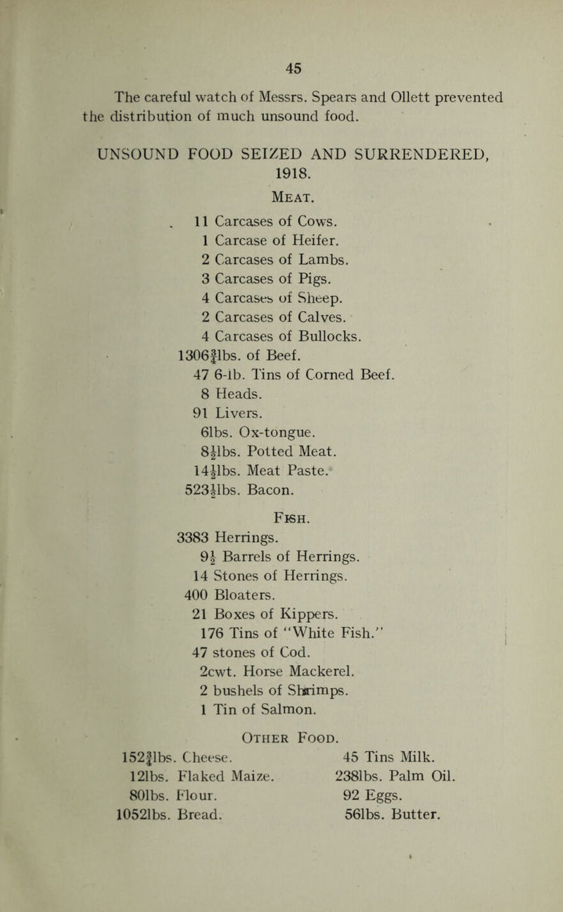 The careful watch of Messrs. Spears and Ollett prevented the distribution of much unsound food. UNSOUND FOOD SEIZED AND SURRENDERED, 1918. Meat. 11 Carcases of Cows. 1 Carcase of Heifer. 2 Carcases of Lambs. 3 Carcases of Pigs. 4 Carcases of Sheep. 2 Carcases of Calves. 4 Carcases of Bullocks. 1306|lbs. of Beef. 47 6-lb. Tins of Corned Beef. 8 Heads. 91 Livers. 61bs. Ox-tongue. 8Jlbs. Potted Meat. 14Jibs. Meat Paste. 523Jibs. Bacon. Fish. 3383 Herrings. 9J Barrels of Herrings. 14 Stones of Herrings. 400 Bloaters. 21 Boxes of Kippers. 176 Tins of “White Fish/’ 47 stones of Cod. 2cwt. Horse Mackerel. 2 bushels of Shrimps. 1 Tin of Salmon. Other 152fibs. Cheese. 121bs. Flaked Maize. 801 bs. Flour. 10521bs. Bread. Food. 45 Tins Milk. 2381bs. Palm Oil. 92 Eggs. 561bs. Butter.